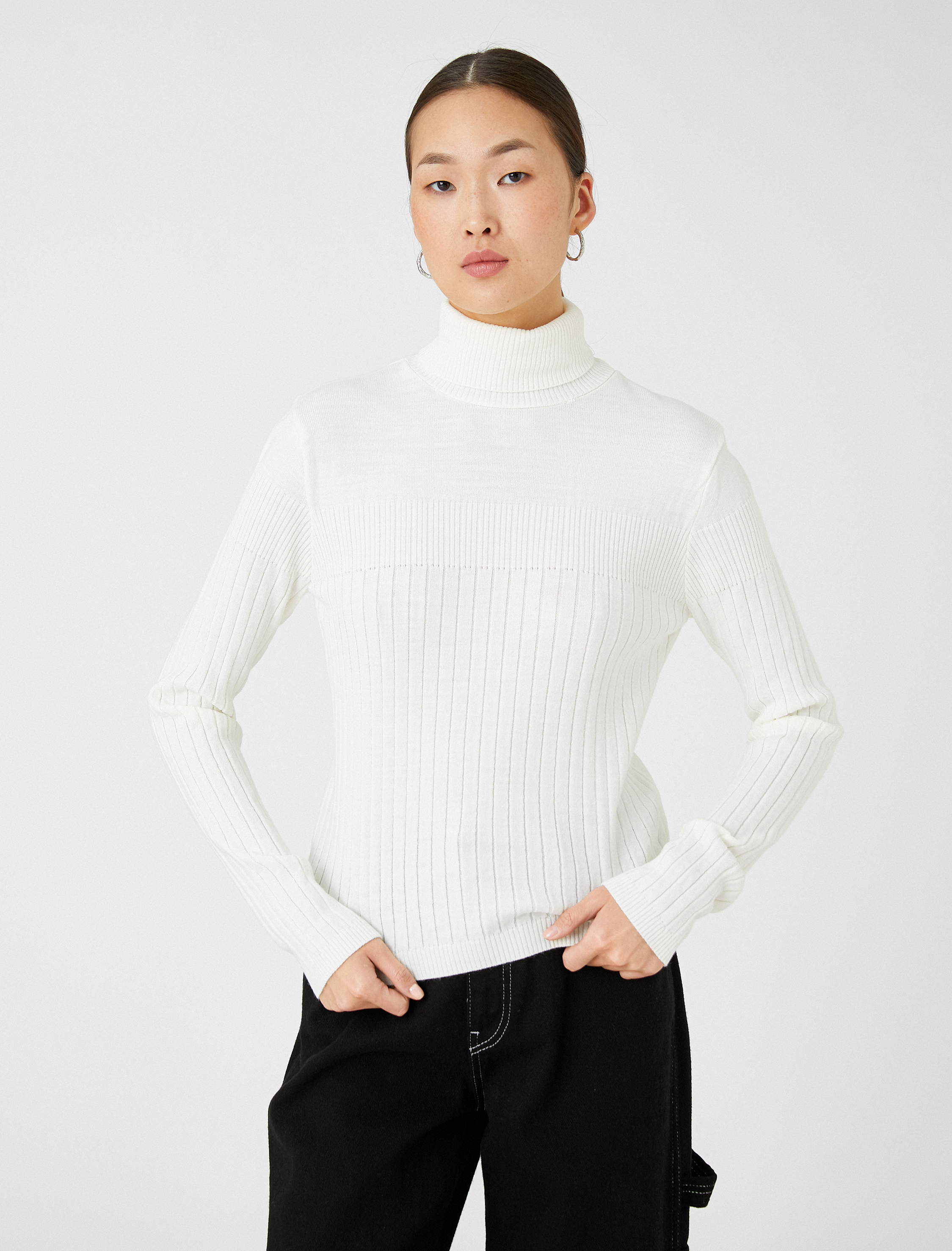   Boğazlı Triko Kazak Ribanalı Uzun Kollu Kaşmir Dokulu