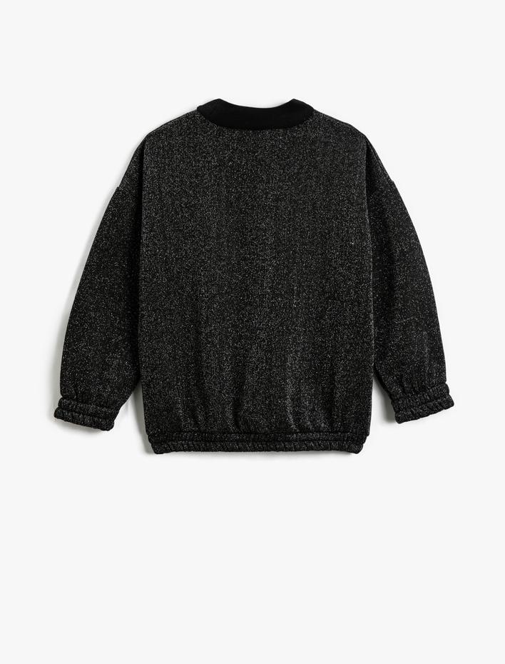 Kız Çocuk Kolej Baskılı Sweatshirt Parıltılı Dik Yaka Beli ve Manşetleri Elastik