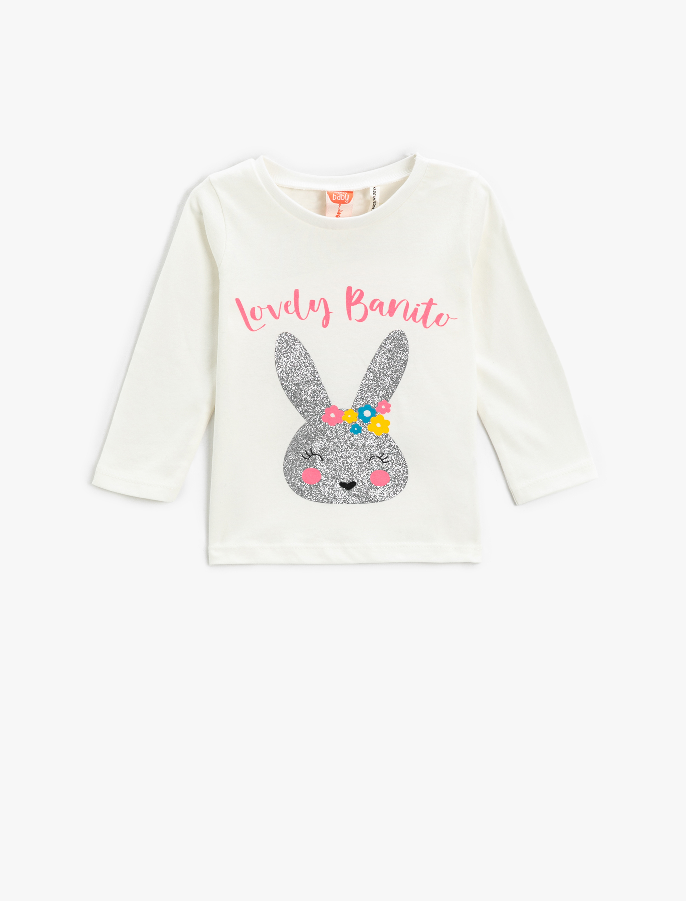  Kız Bebek Tavşan Baskılı Pamuklu Tişört Parıltılı Uzun Kollu Bisiklet Yaka
