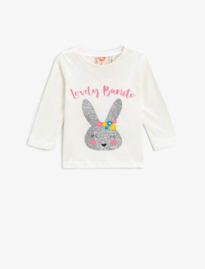 Kız Bebek Tavşan Baskılı Pamuklu Tişört Parıltılı Uzun Kollu Bisiklet Yaka