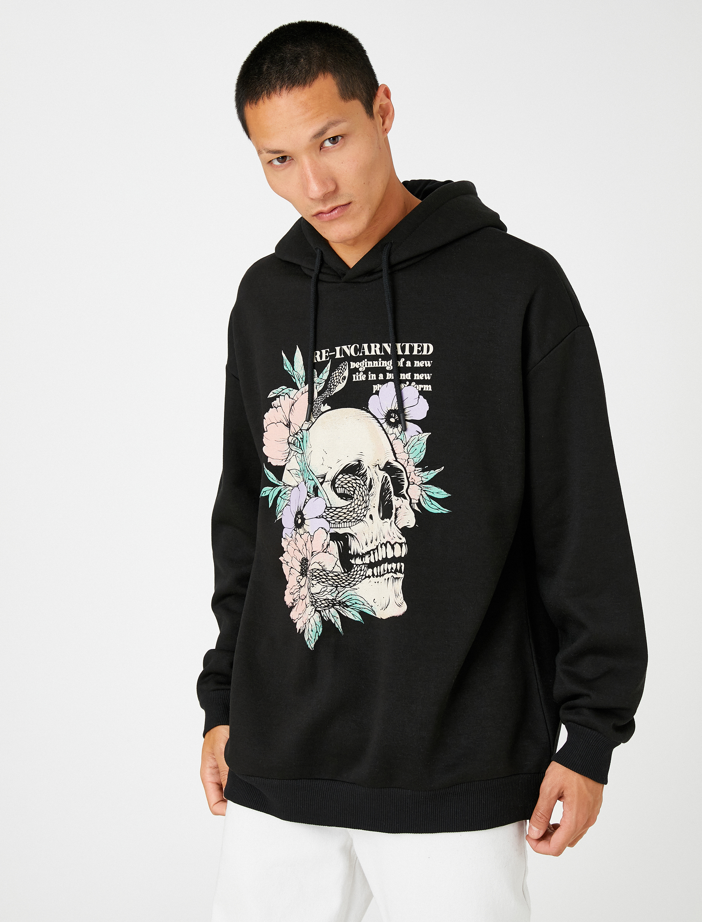   Kapşonlu Oversize Sweatshirt Şardonlu Kuru Kafa Baskılı