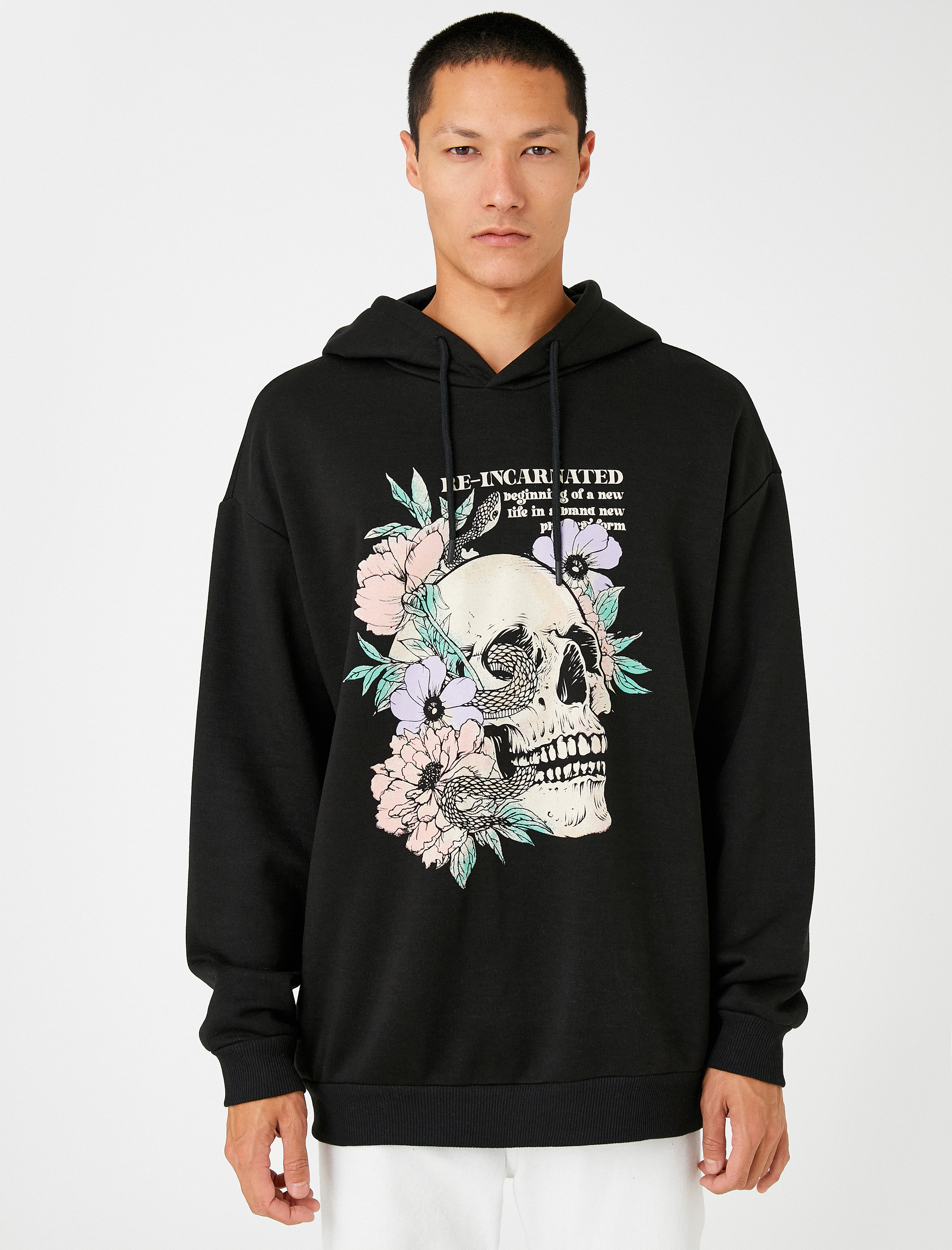   Kapşonlu Oversize Sweatshirt Şardonlu Kuru Kafa Baskılı