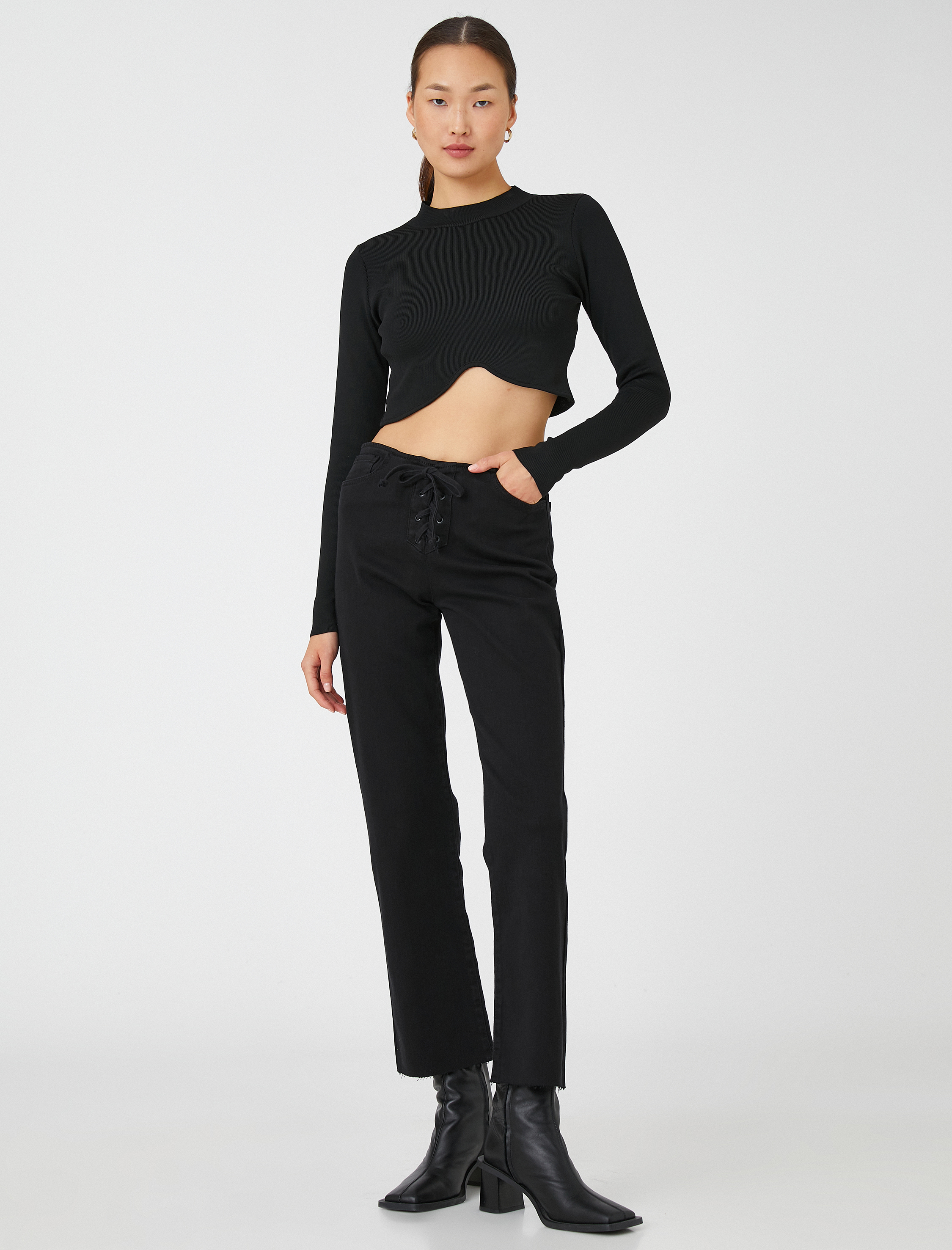   İspanyol Paça Bootcut Jean Pantolon Crop Bağlama Detaylı -  Kick Flare Jean