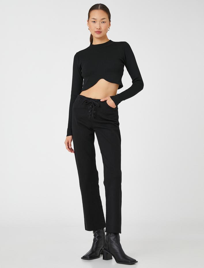  İspanyol Paça Bootcut Jean Pantolon Crop Bağlama Detaylı -  Kick Flare Jean