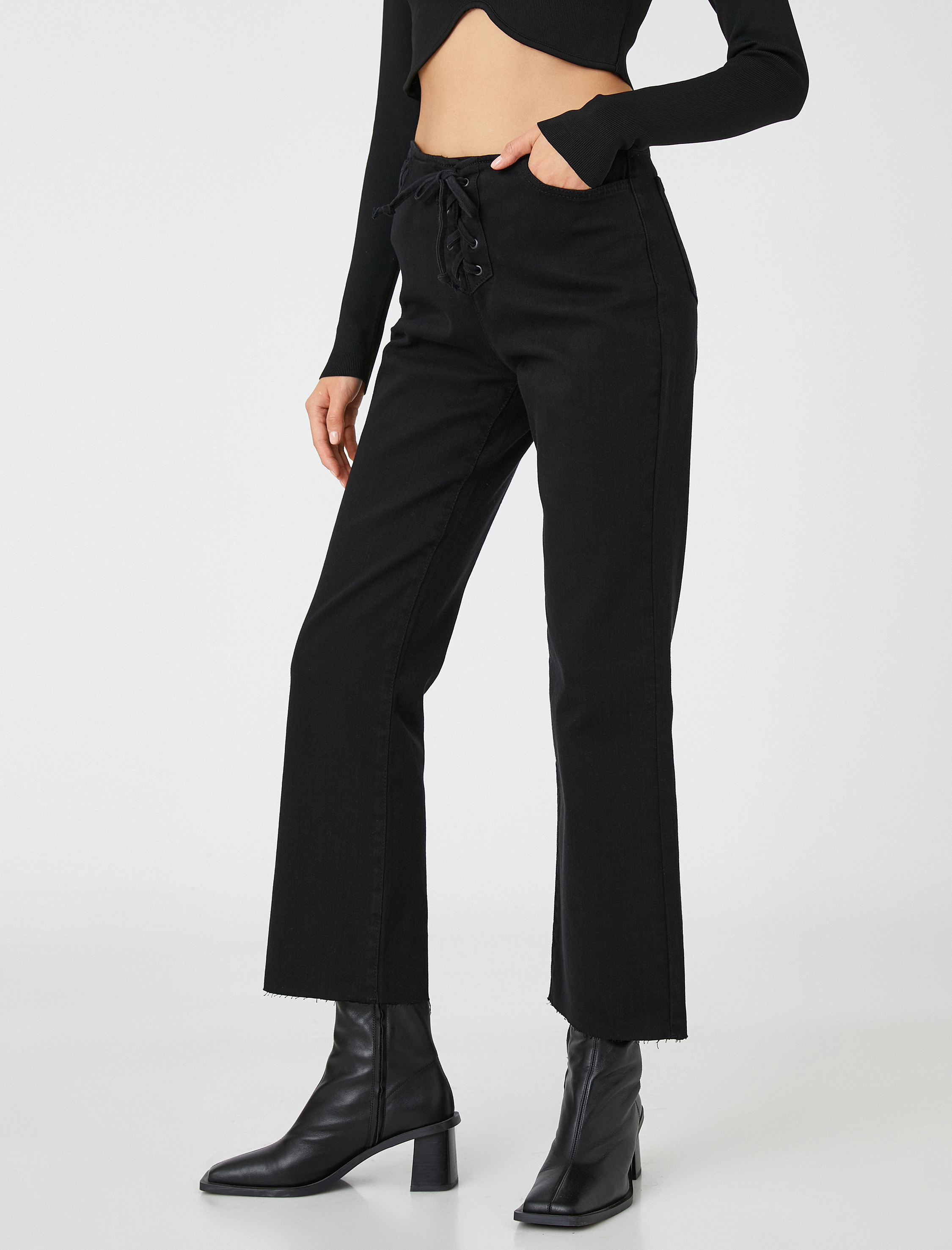   İspanyol Paça Bootcut Jean Pantolon Crop Bağlama Detaylı -  Kick Flare Jean