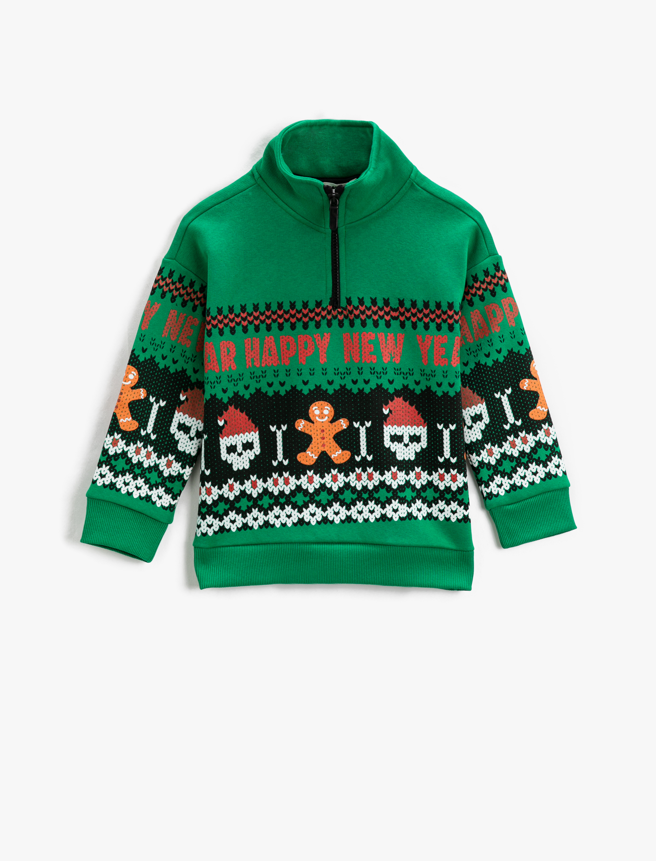  Erkek Çocuk Dik Yaka Yarım Fermuarlı Sweatshirt Yılbaşı Temalı Kuru Kafa Baskılı