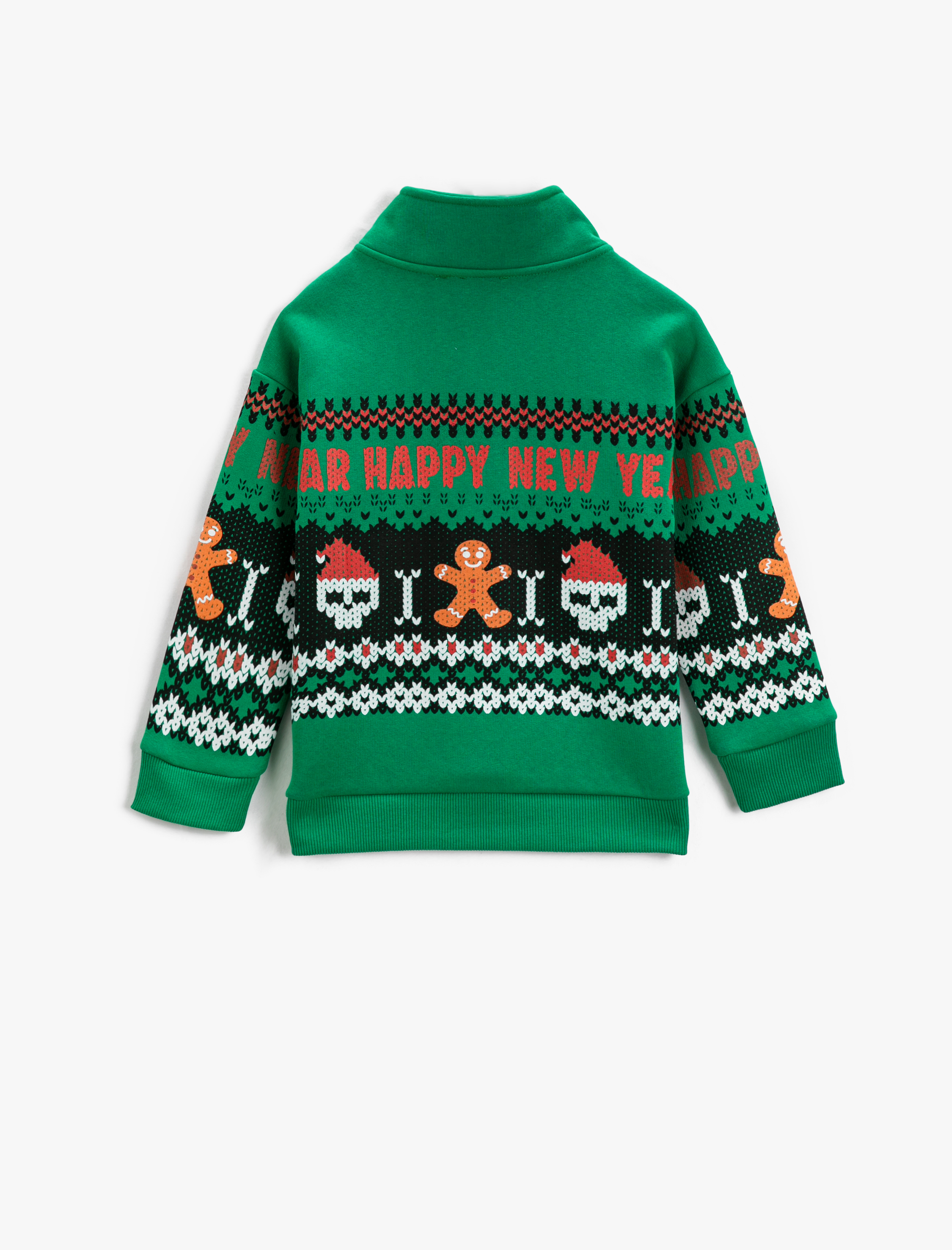  Erkek Çocuk Dik Yaka Yarım Fermuarlı Sweatshirt Yılbaşı Temalı Kuru Kafa Baskılı