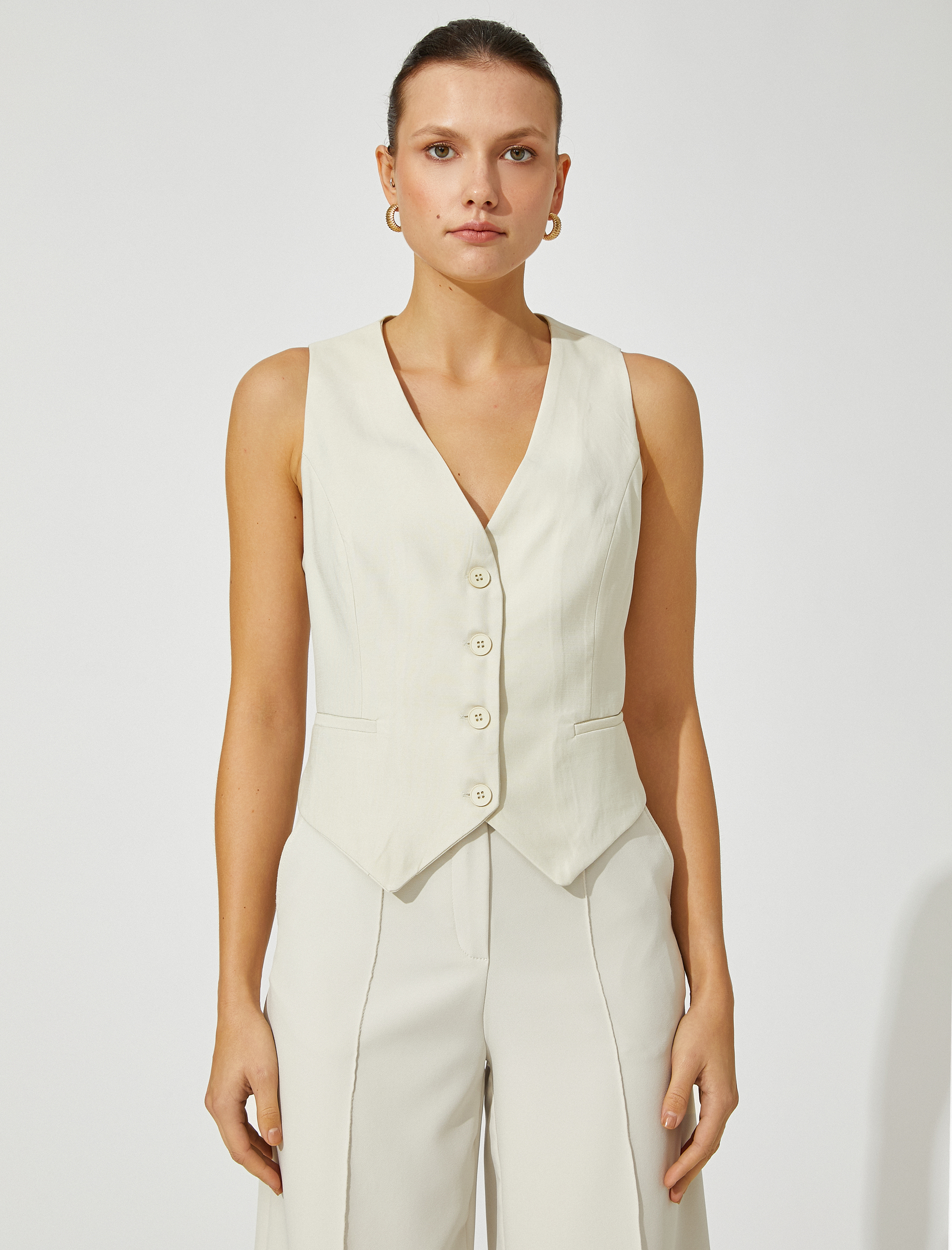  Crop Blazer Yelek Düğmeli Cep Detaylı