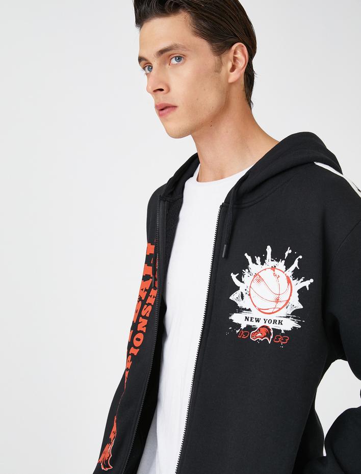  Kolej Kapşonlu Sweatshirt Şardonlu Fermuarlı Basketbol Baskılı Cep Detaylı