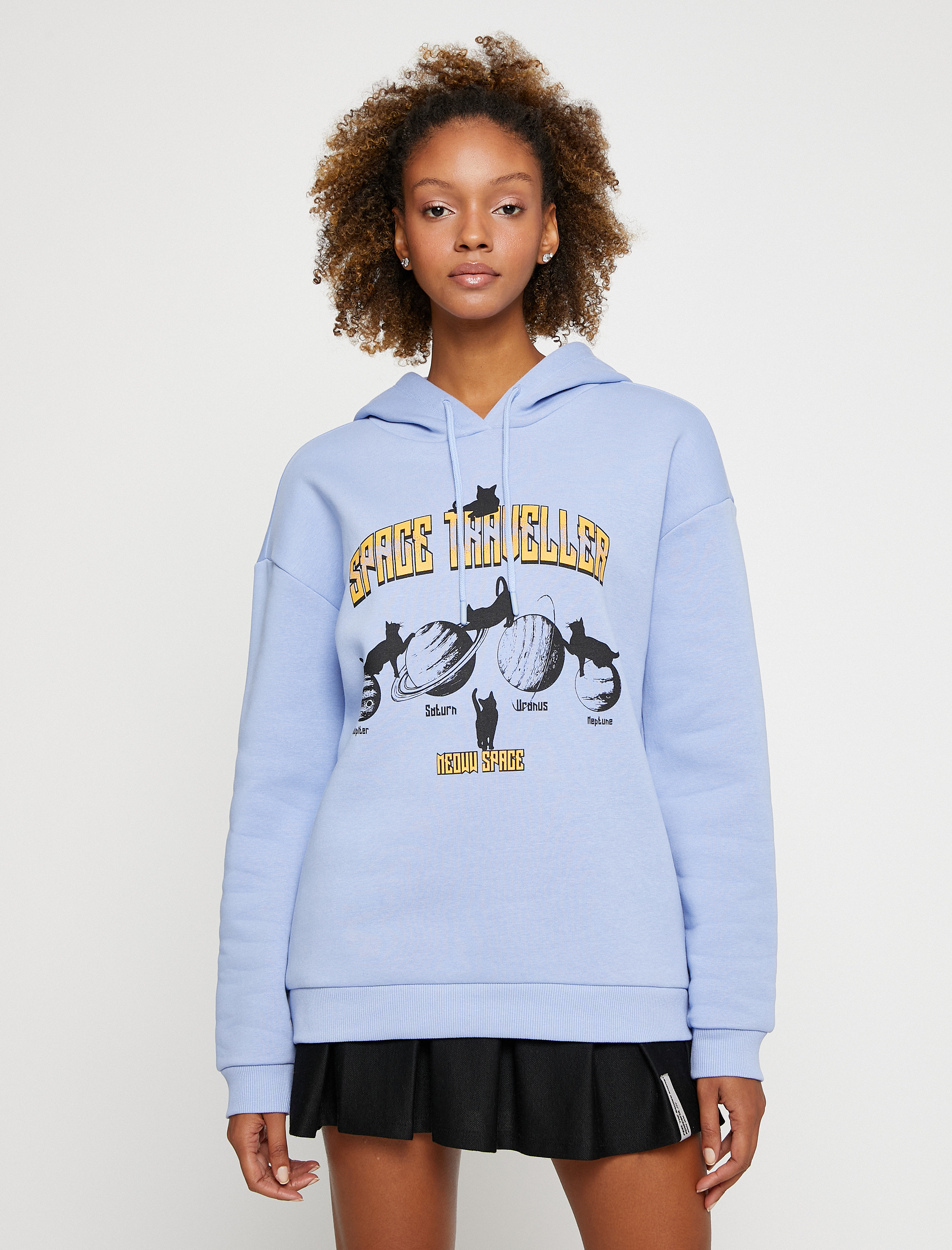   Şardonlu Oversize Sweatshirt Kapüşonlu Baskılı Uzun Kollu