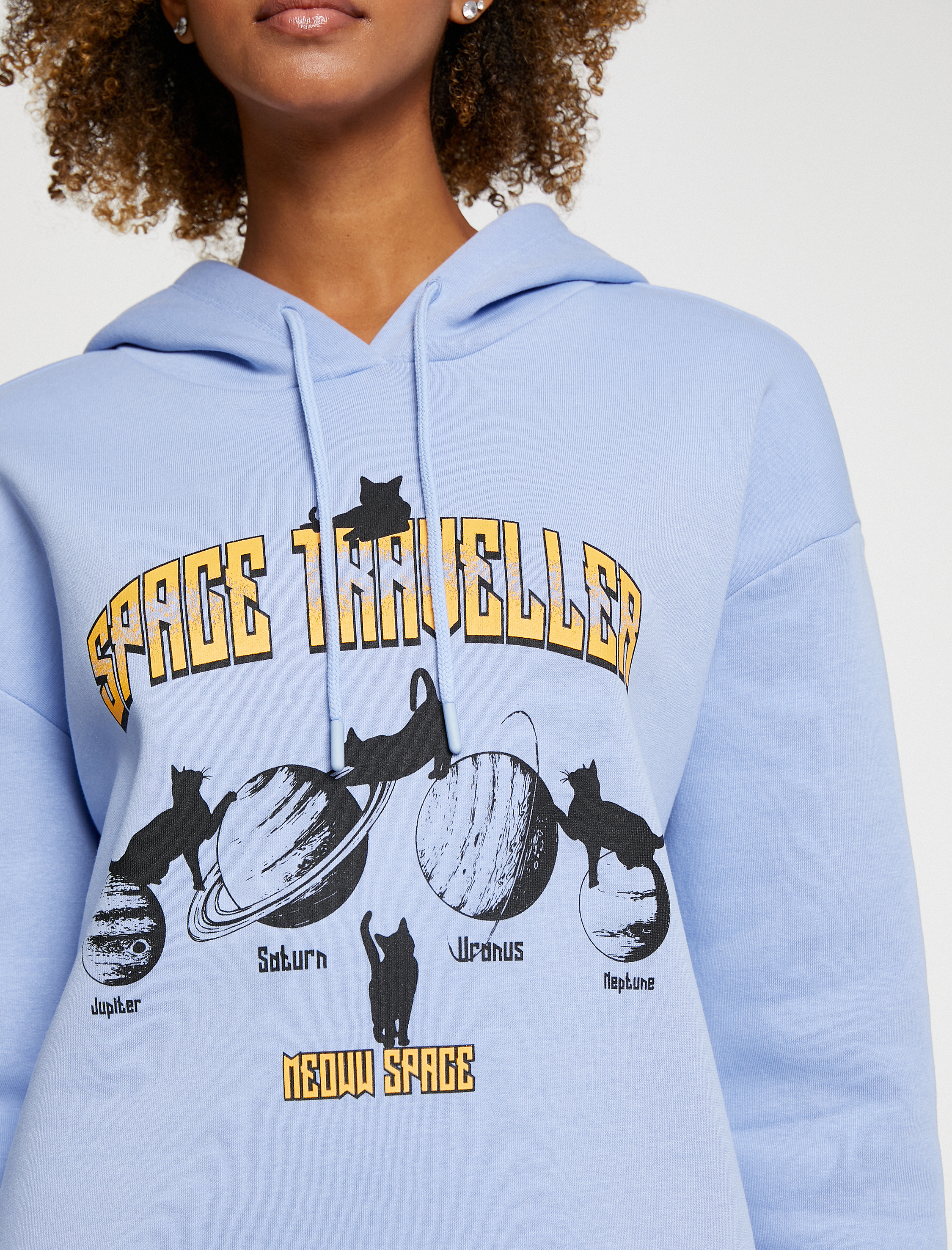   Şardonlu Oversize Sweatshirt Kapüşonlu Baskılı Uzun Kollu