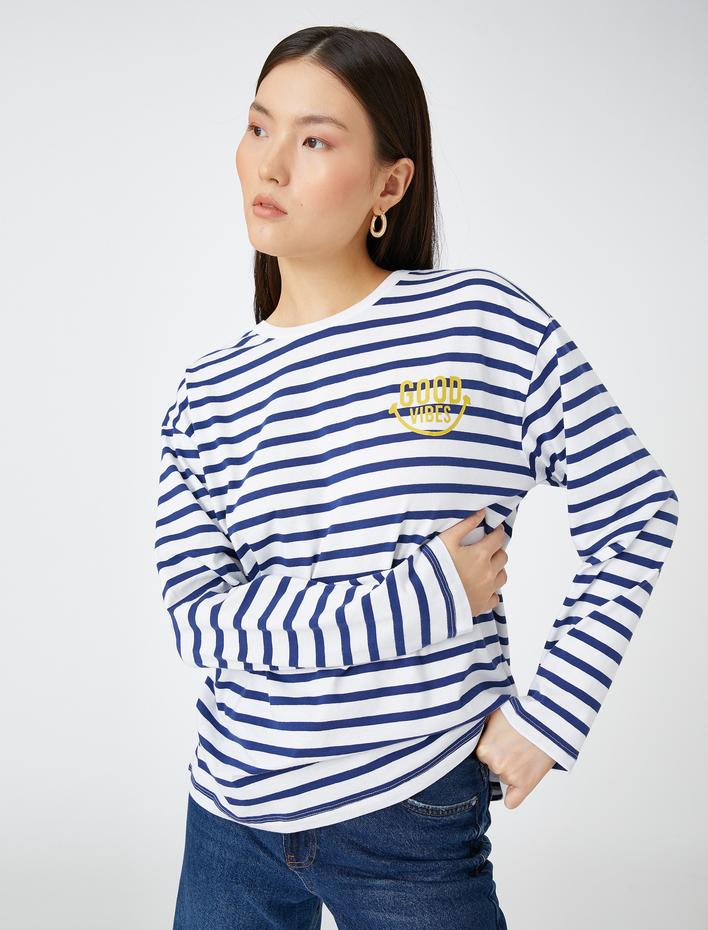  Uzun Kollu Tişört Çizgili Pamuklu Baskılı