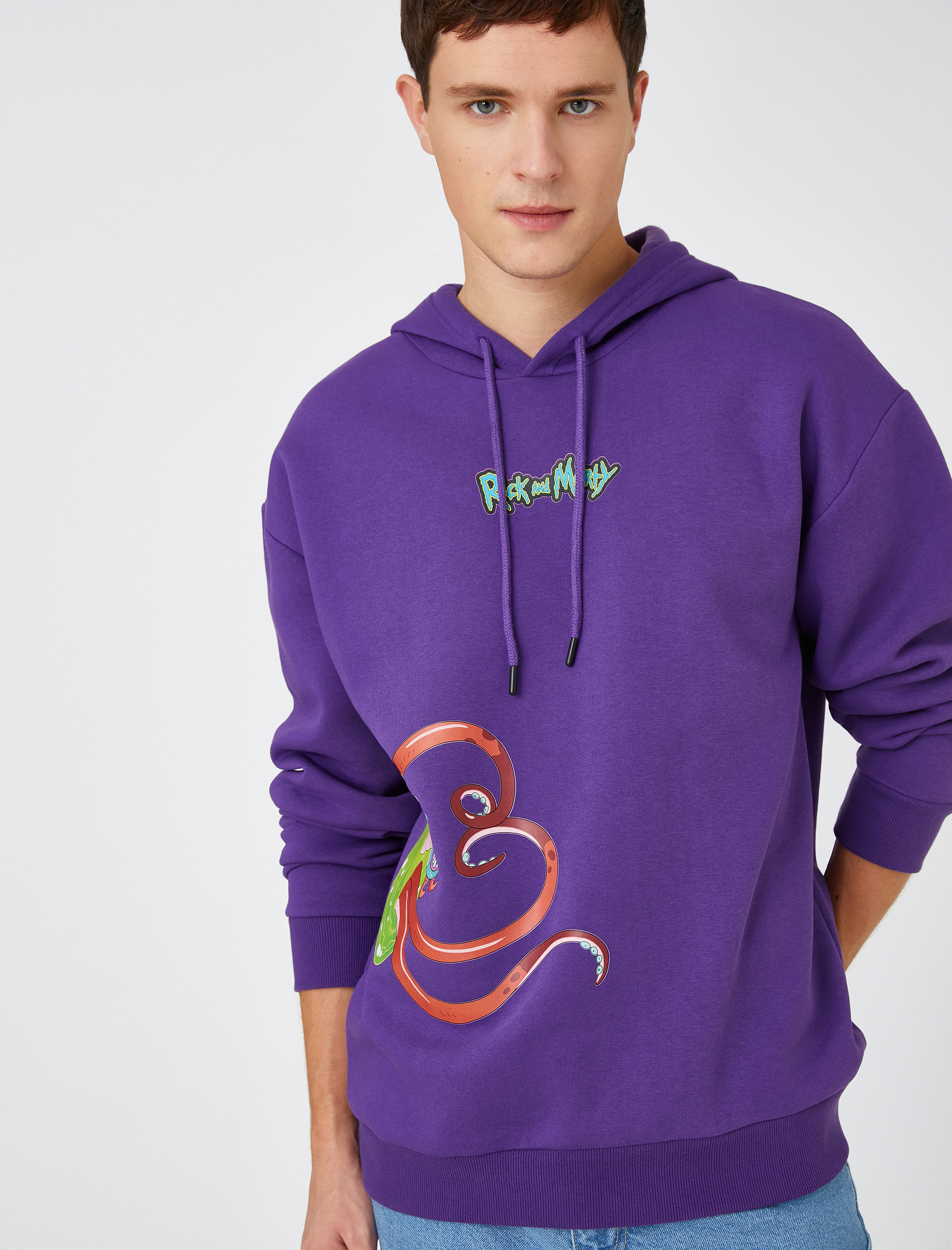   Rick and Morty Kapşonlu Oversize Sweatshirt Şardonlu Lisanslı Baskılı