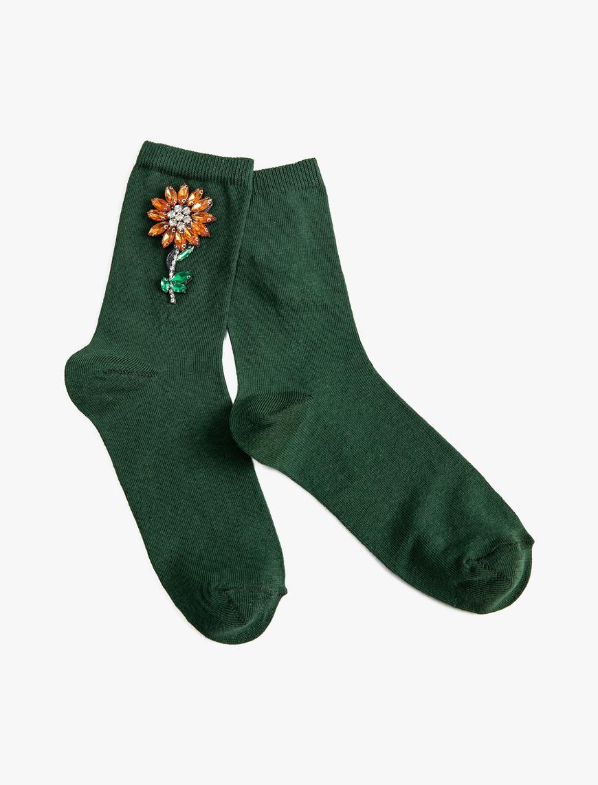  Kadın Basic Çiçekli Soket Çorap İşleme Detaylı