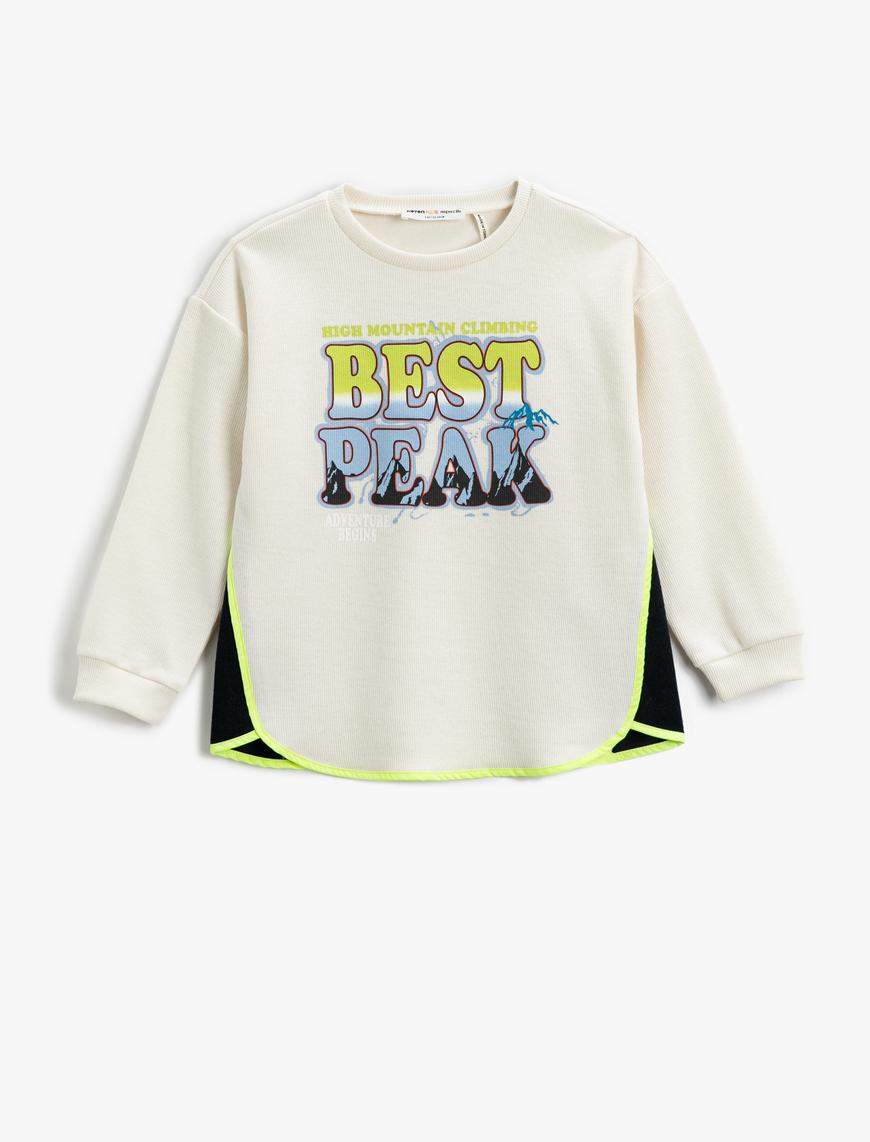  Erkek Çocuk Renk Kontrastlı Sweatshirt Slogan Temalı Baskılı Ribanalı