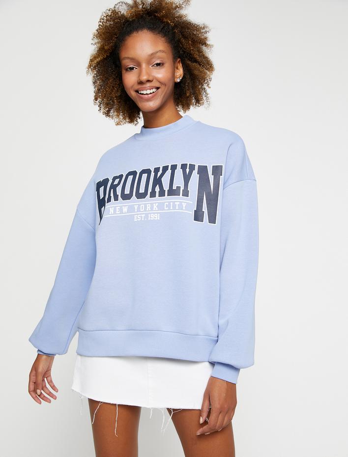  Şardonlu Baskılı Sweatshirt Bisiklet Yaka Uzun Kollu
