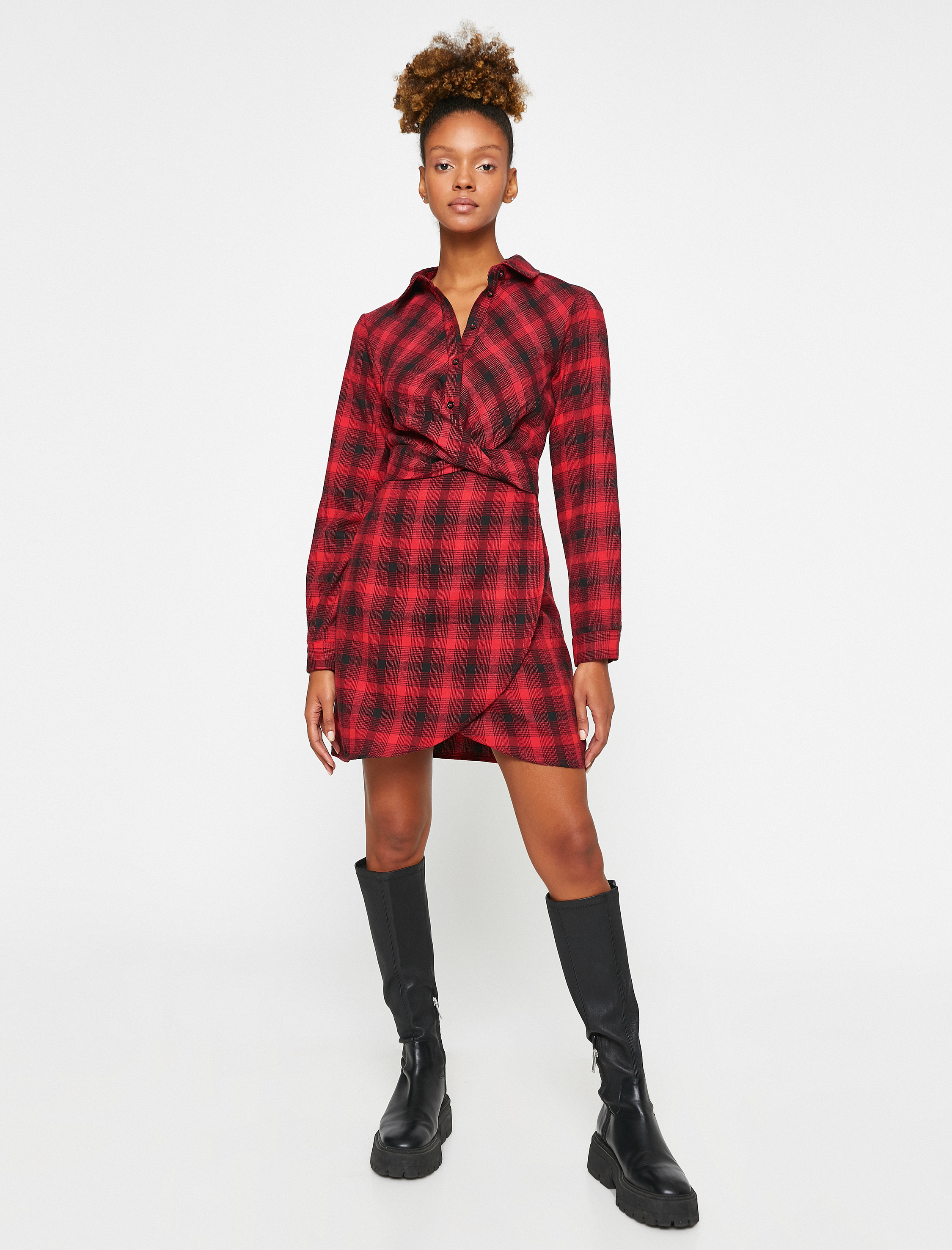   Gömlek Elbise Uzun Kollu Kareli Önü Düğmeli