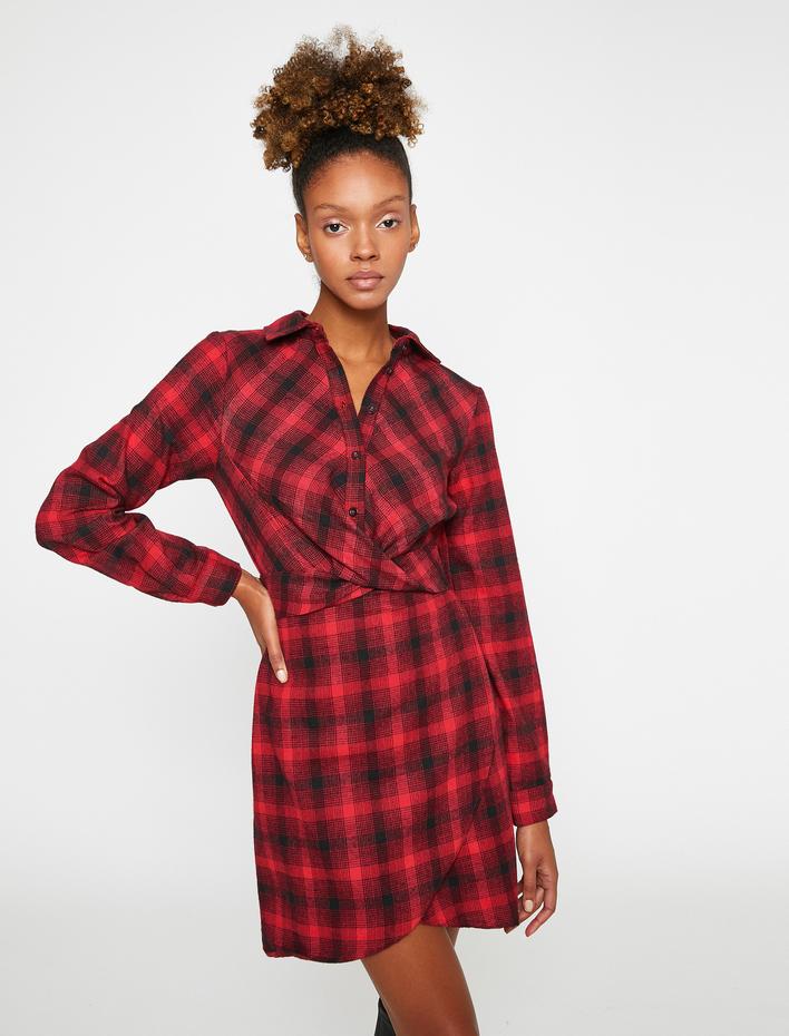  Gömlek Elbise Uzun Kollu Kareli Önü Düğmeli