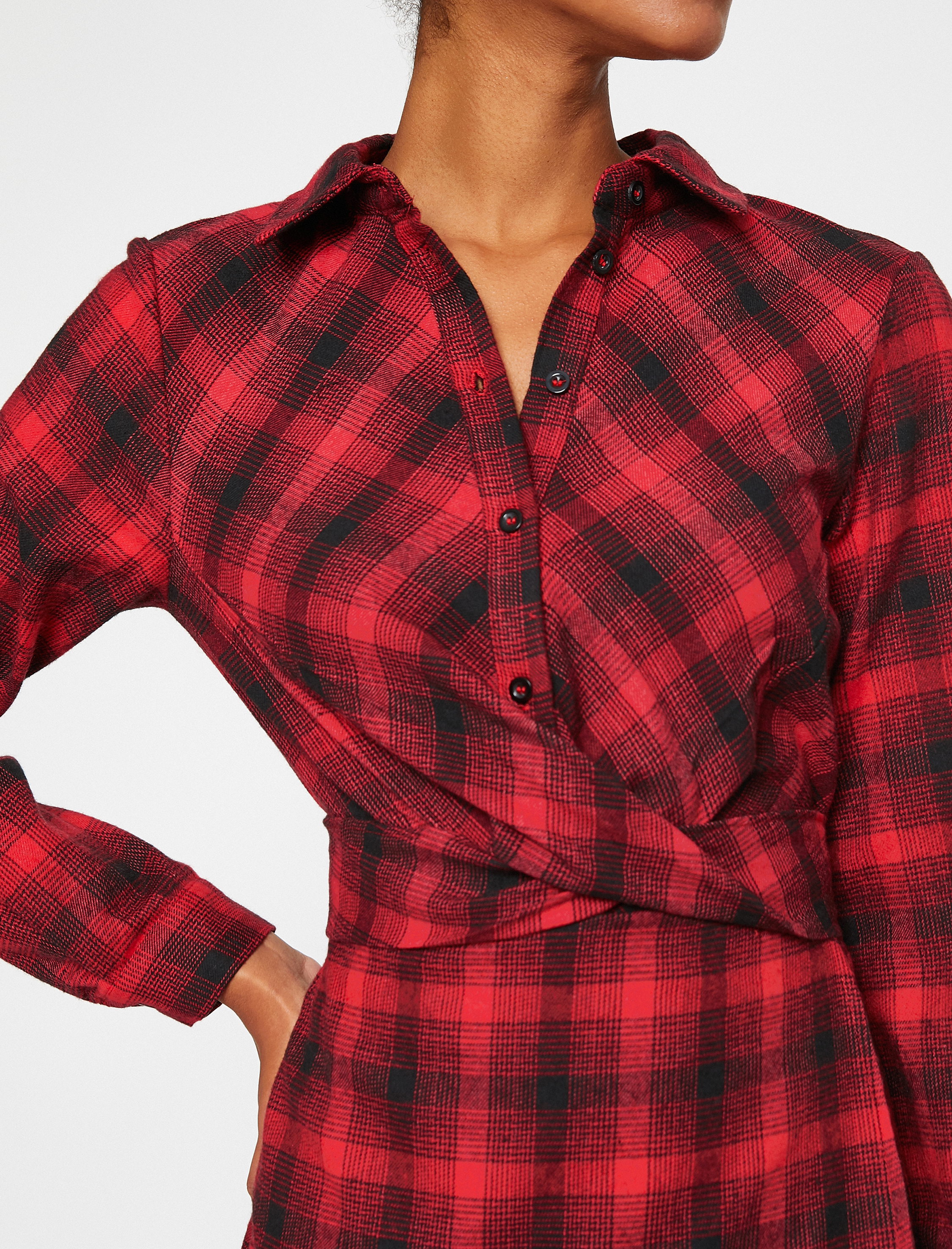   Gömlek Elbise Uzun Kollu Kareli Önü Düğmeli