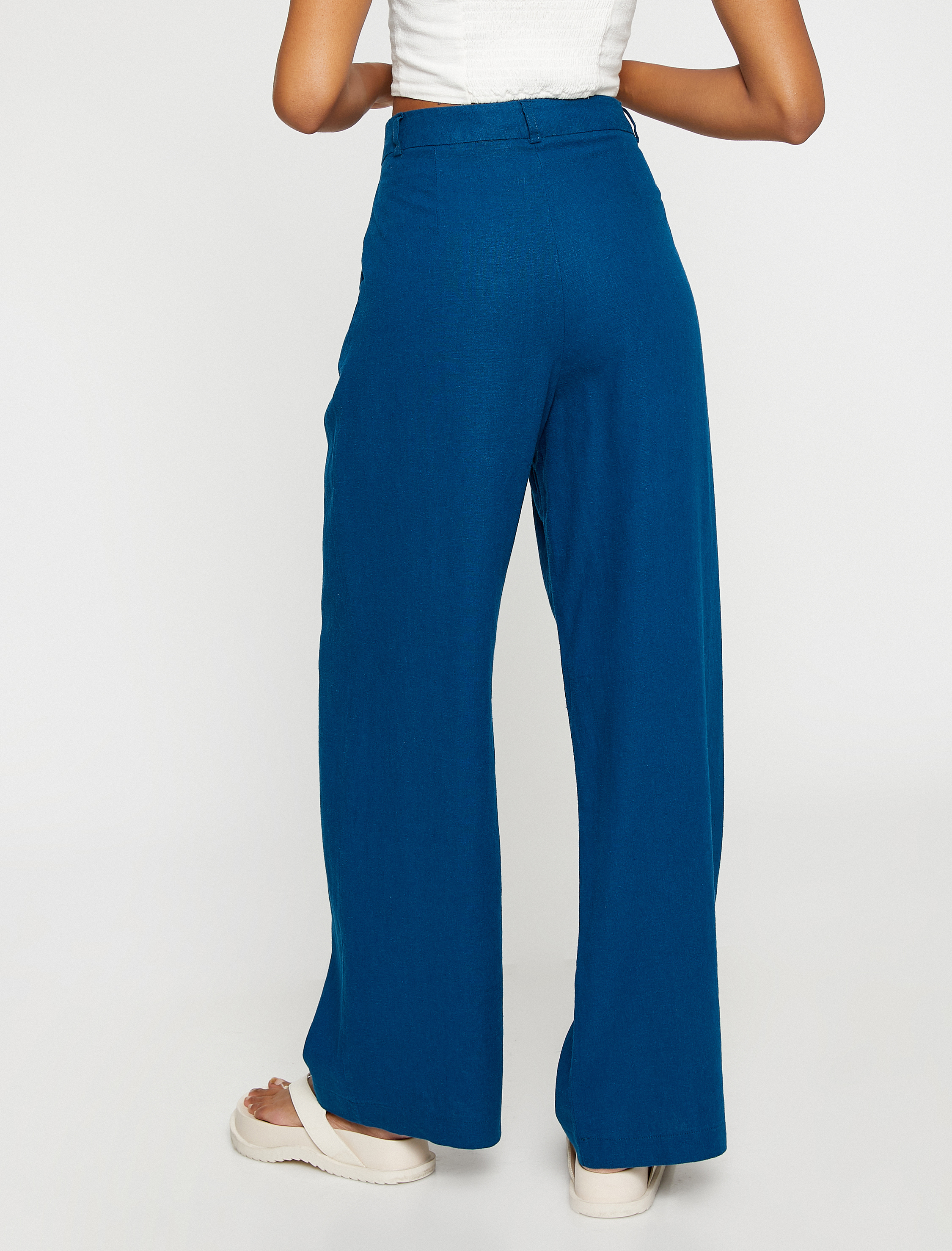   Palazzo Pantolon Pilise Detaylı Düğmeli Keten Karışımlı