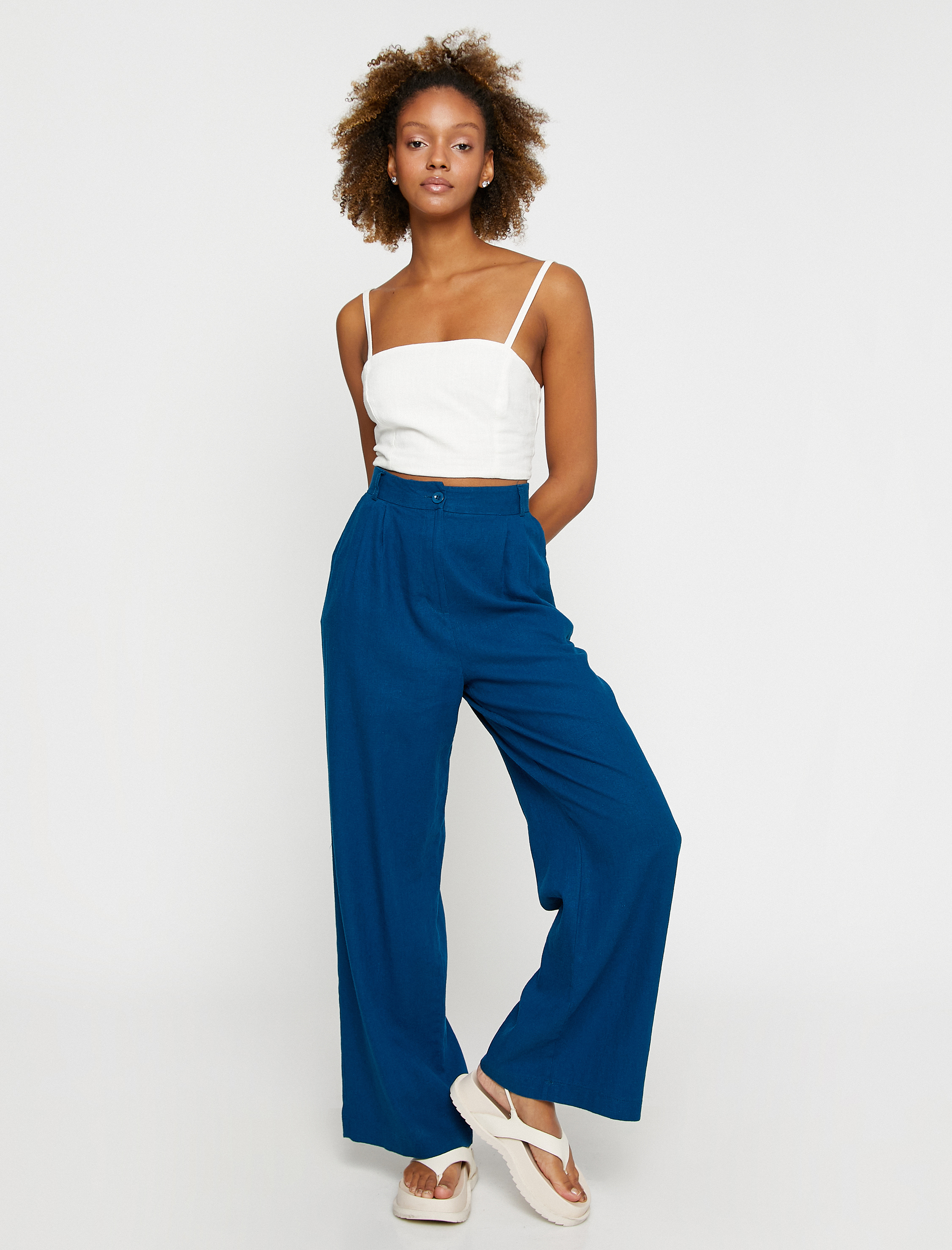   Palazzo Pantolon Pilise Detaylı Düğmeli Keten Karışımlı