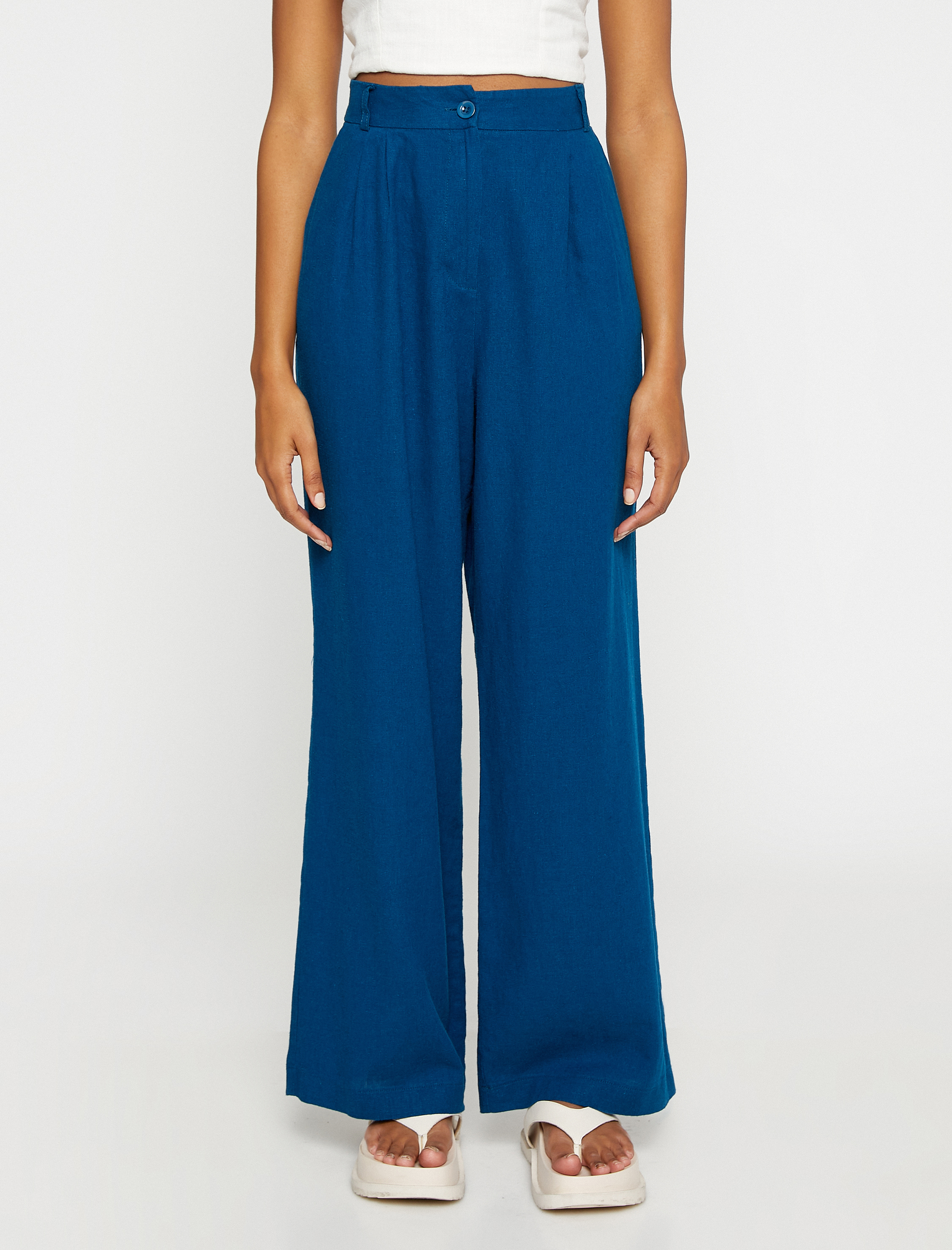   Palazzo Pantolon Pilise Detaylı Düğmeli Keten Karışımlı