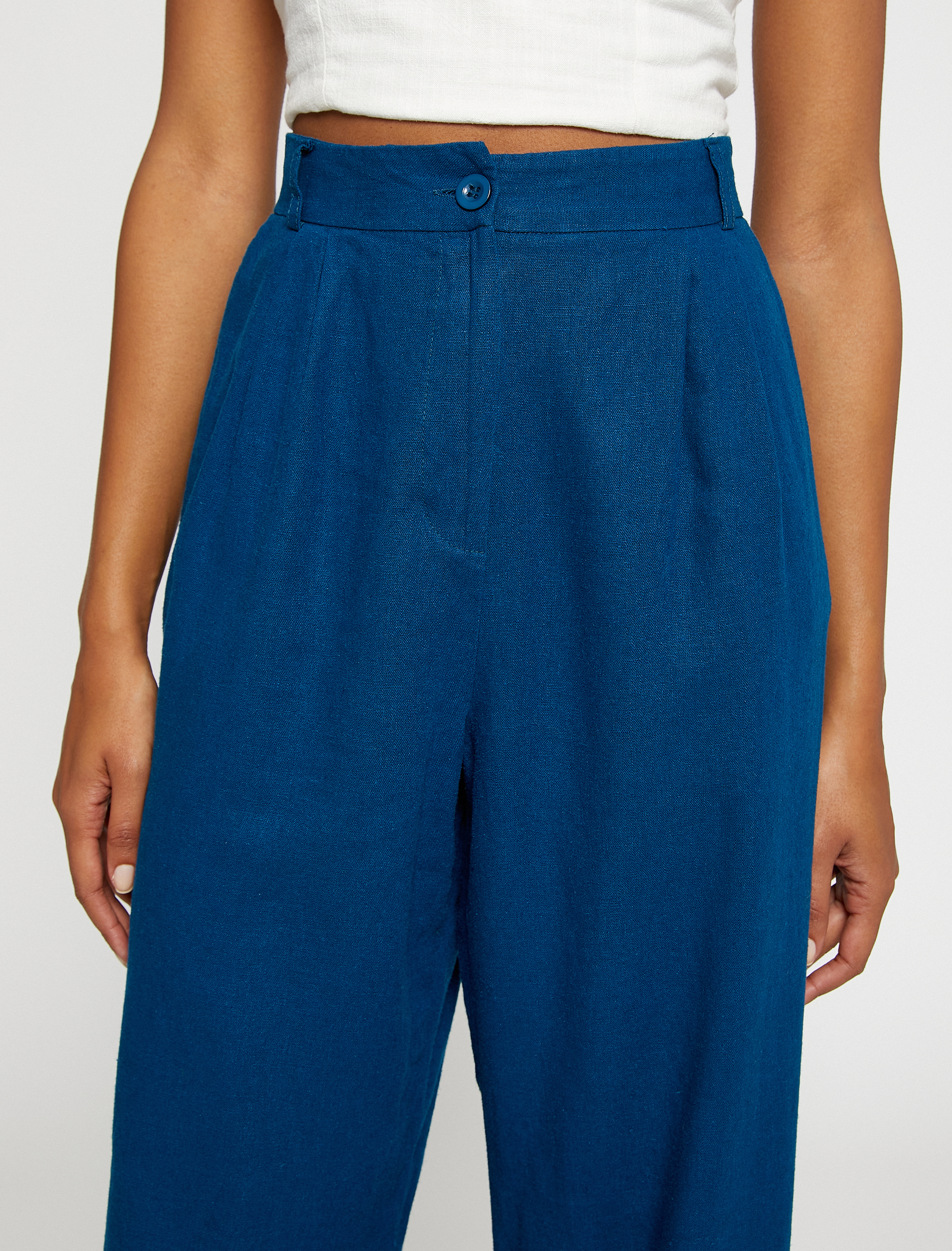   Palazzo Pantolon Pilise Detaylı Düğmeli Keten Karışımlı