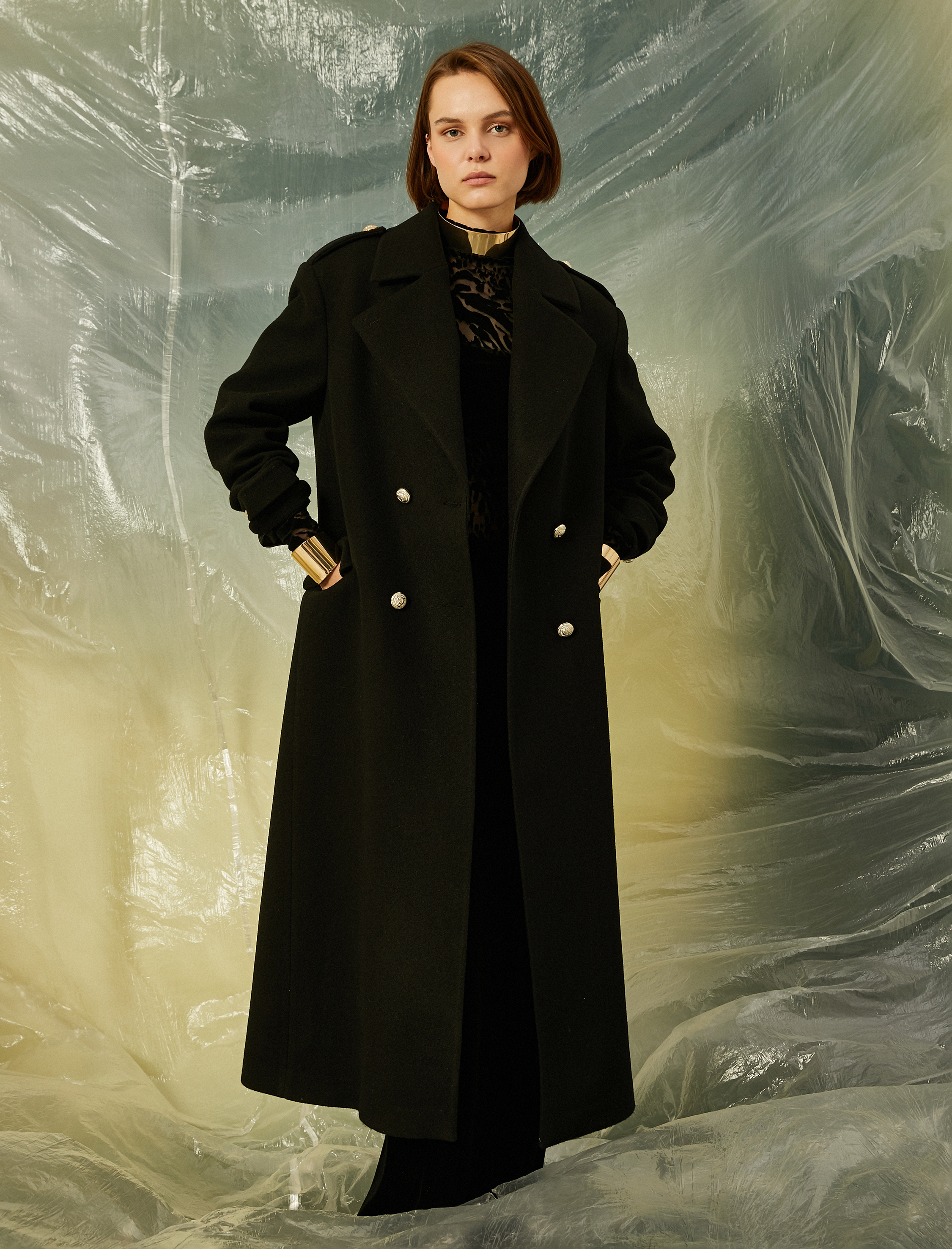   Arma Düğmeli Kruvaze Oversize Kaşe Kaban