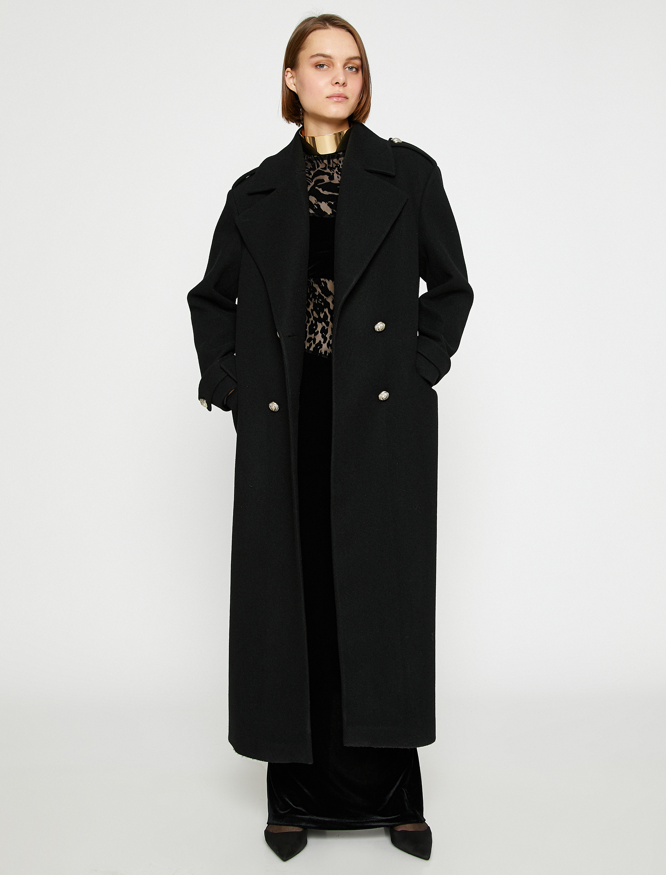   Arma Düğmeli Kruvaze Oversize Kaşe Kaban