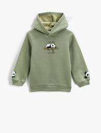Kapşonlu Sweatshirt Panda Baskılı Şardonlu Uzun Kollu