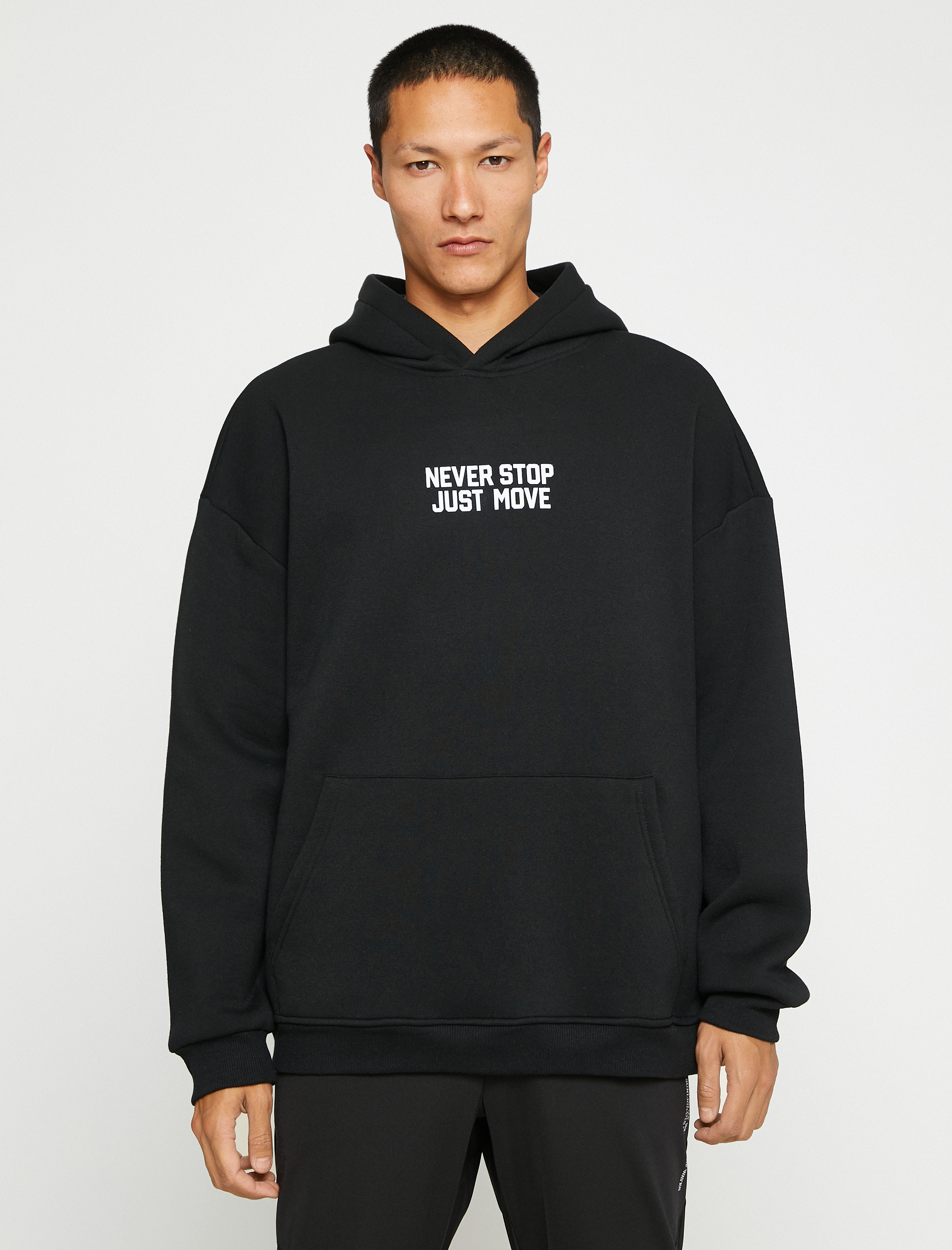 Şardonlu Kapşonlu Sweatshirt Slogan Baskılı Cep Detaylı Uzun Kollu