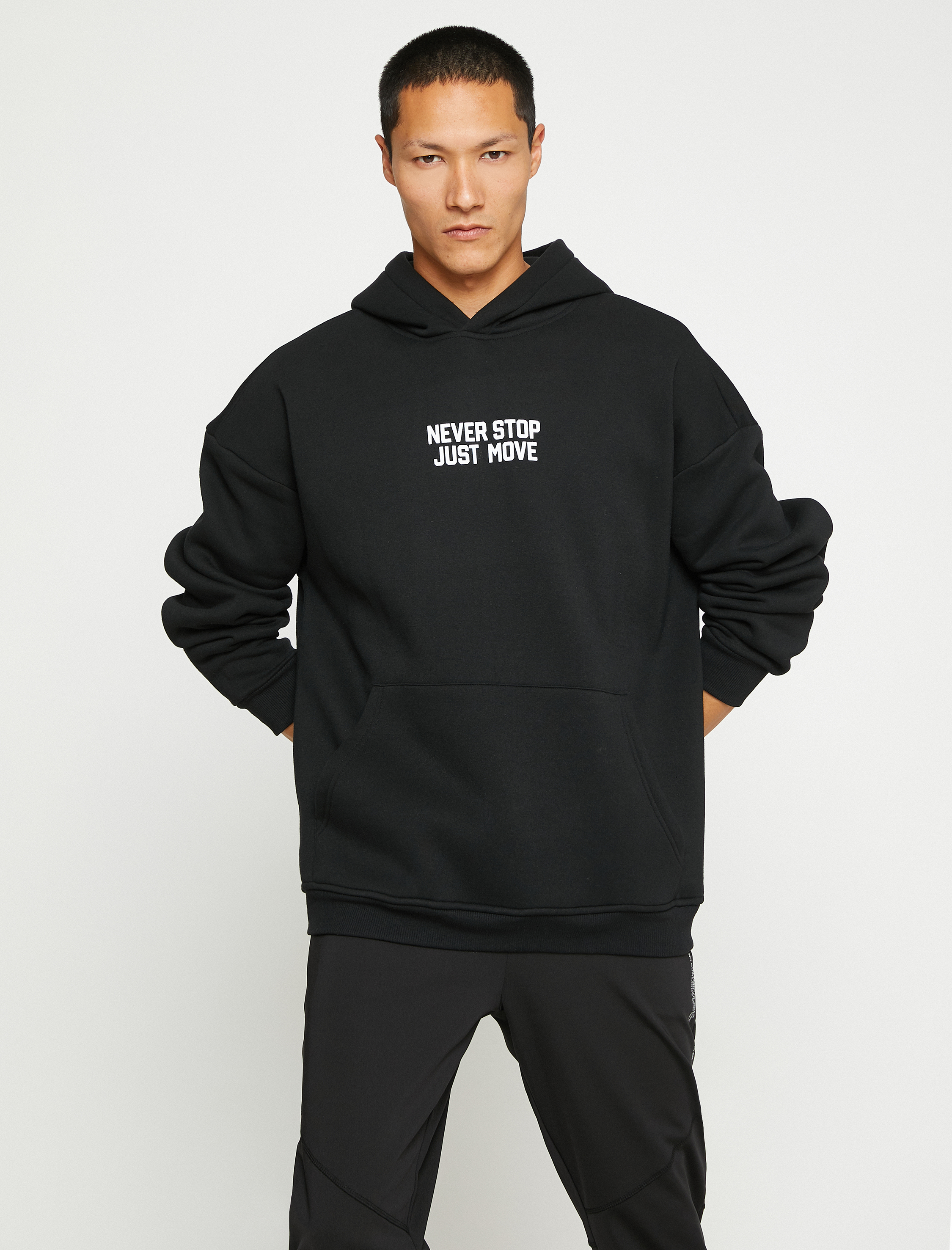 Şardonlu Kapşonlu Sweatshirt Slogan Baskılı Cep Detaylı Uzun Kollu