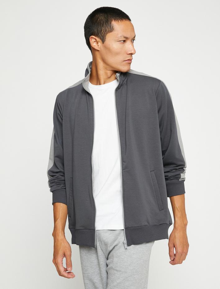  Dik Yaka Spor Sweatshirt Renk Bloklu Cep Detaylı Fermuarlı