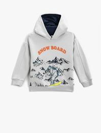 Kapşonlu Sweatshirt Snowboard Temalı Baskılı Uzun Kollu