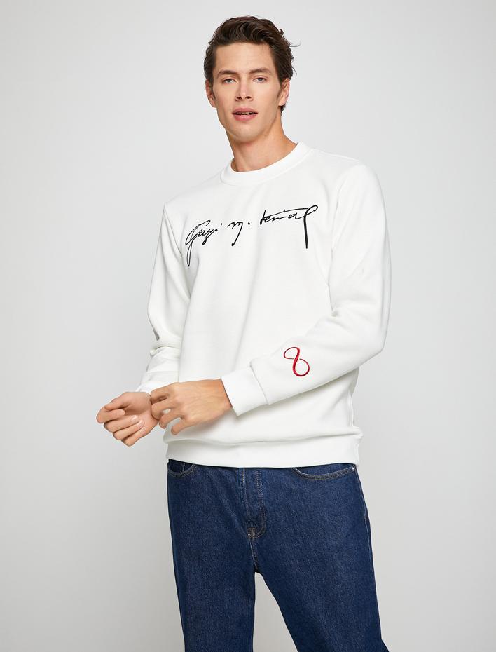  Atatürk Baskılı Sweatshirt Şardonlu Bisiklet Yaka Uzun Kollu