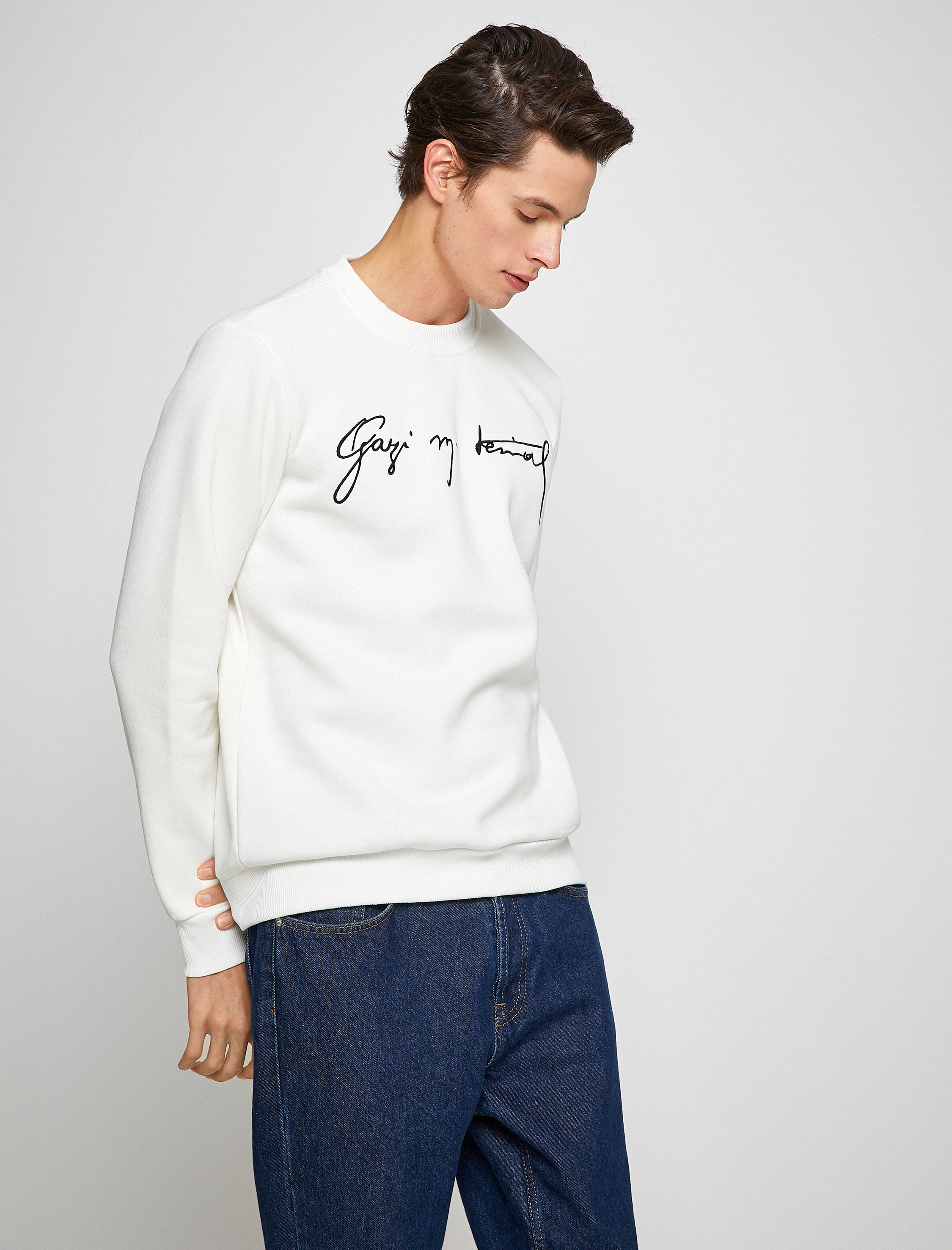   Atatürk Baskılı Sweatshirt Şardonlu Bisiklet Yaka Uzun Kollu