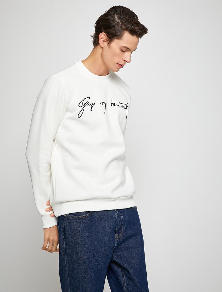  Atatürk Baskılı Sweatshirt Şardonlu Bisiklet Yaka Uzun Kollu