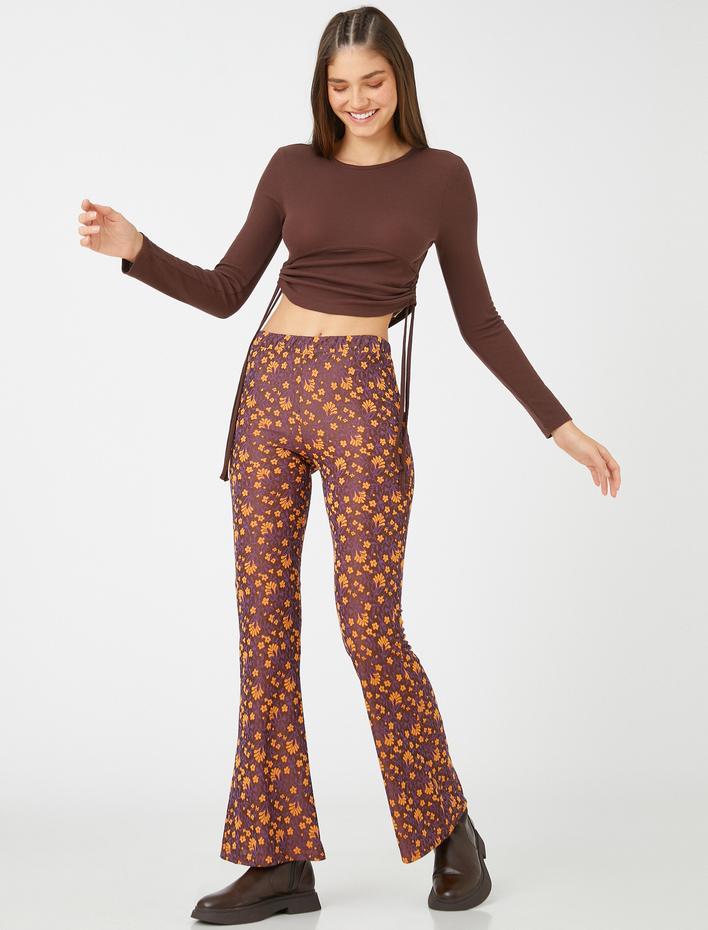  İspanyol Paça Pantolon Çiçekli Beli Lastikli