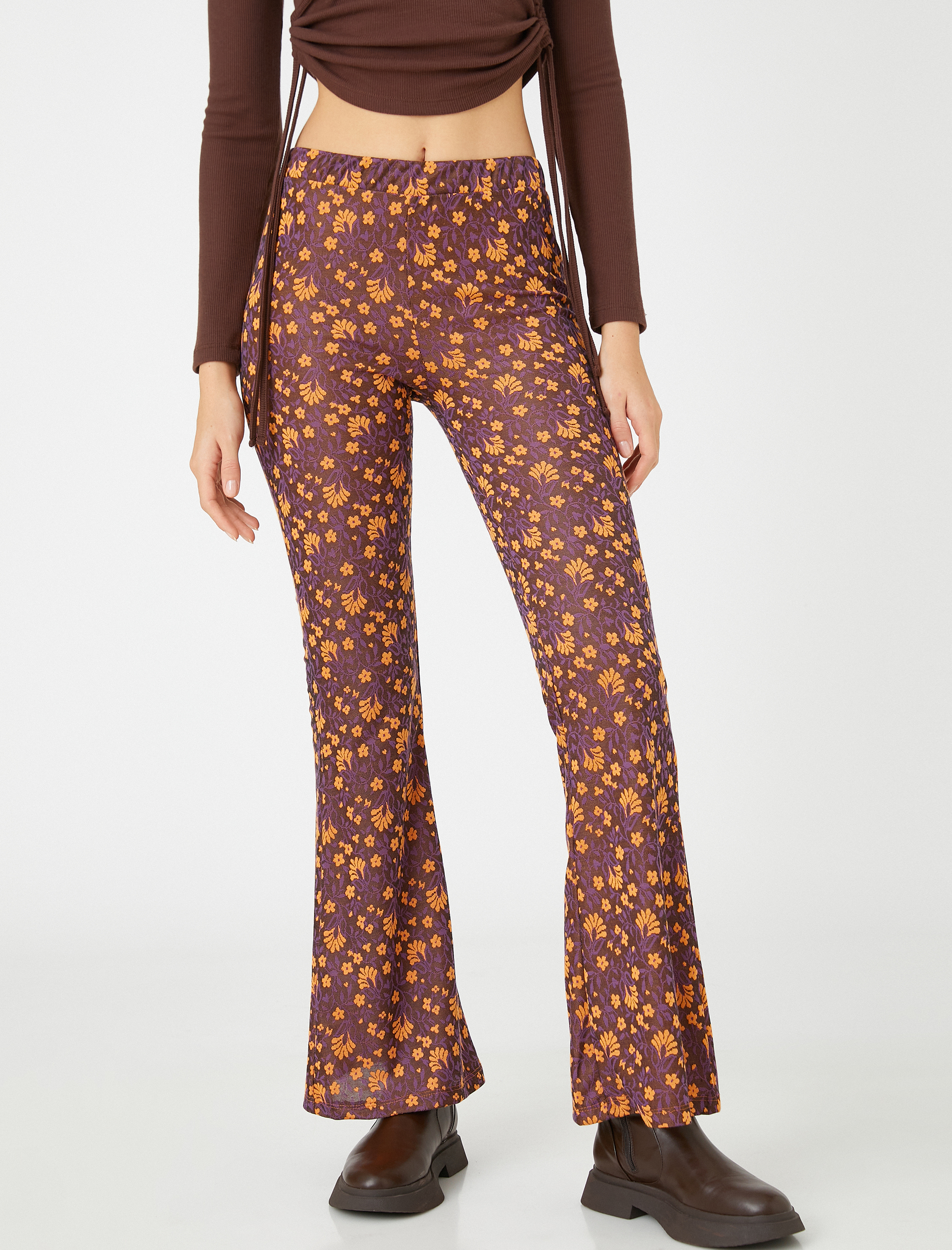   İspanyol Paça Pantolon Çiçekli Beli Lastikli