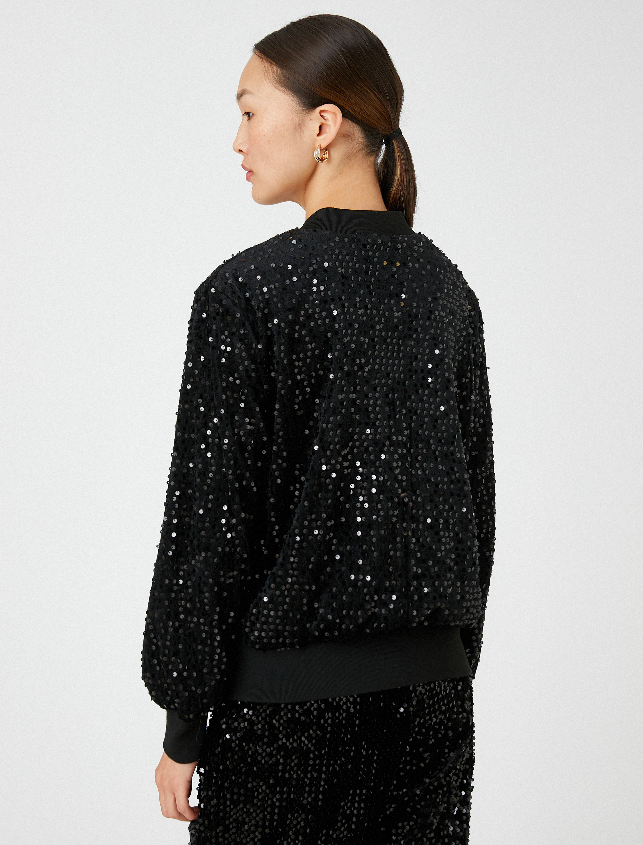   Payetli Bomber Ceket Fermuarlı Cepli