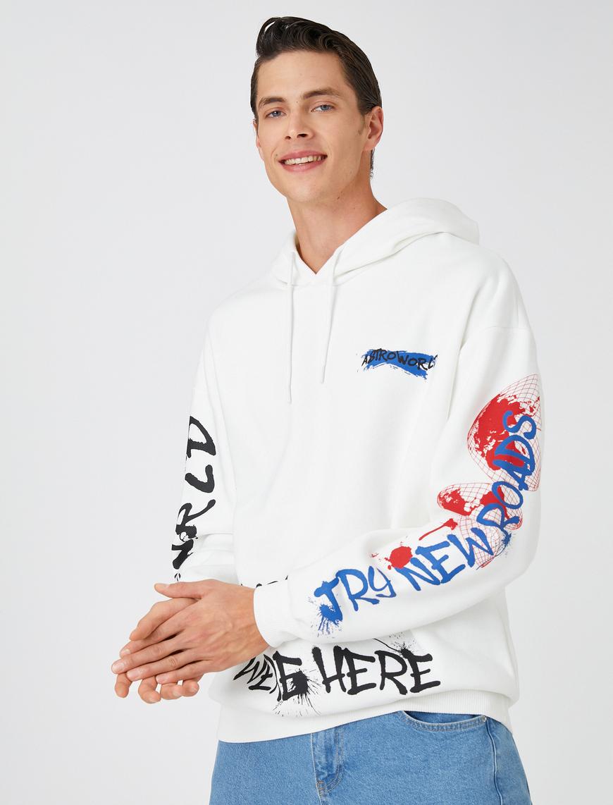   Baskılı Kapşonlu Oversize Sweatshirt Şardonlu