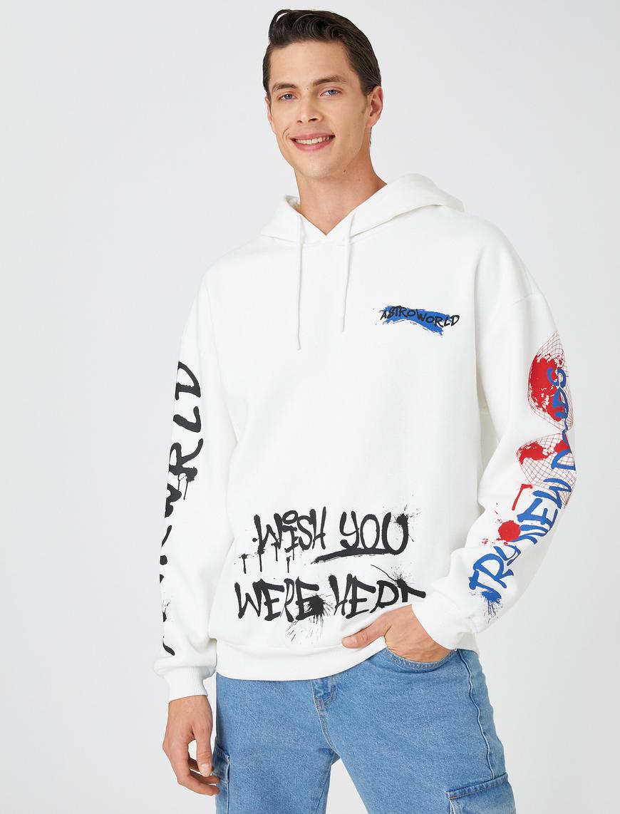   Baskılı Kapşonlu Oversize Sweatshirt Şardonlu