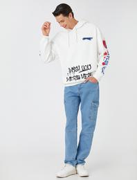 Baskılı Kapşonlu Oversize Sweatshirt Şardonlu