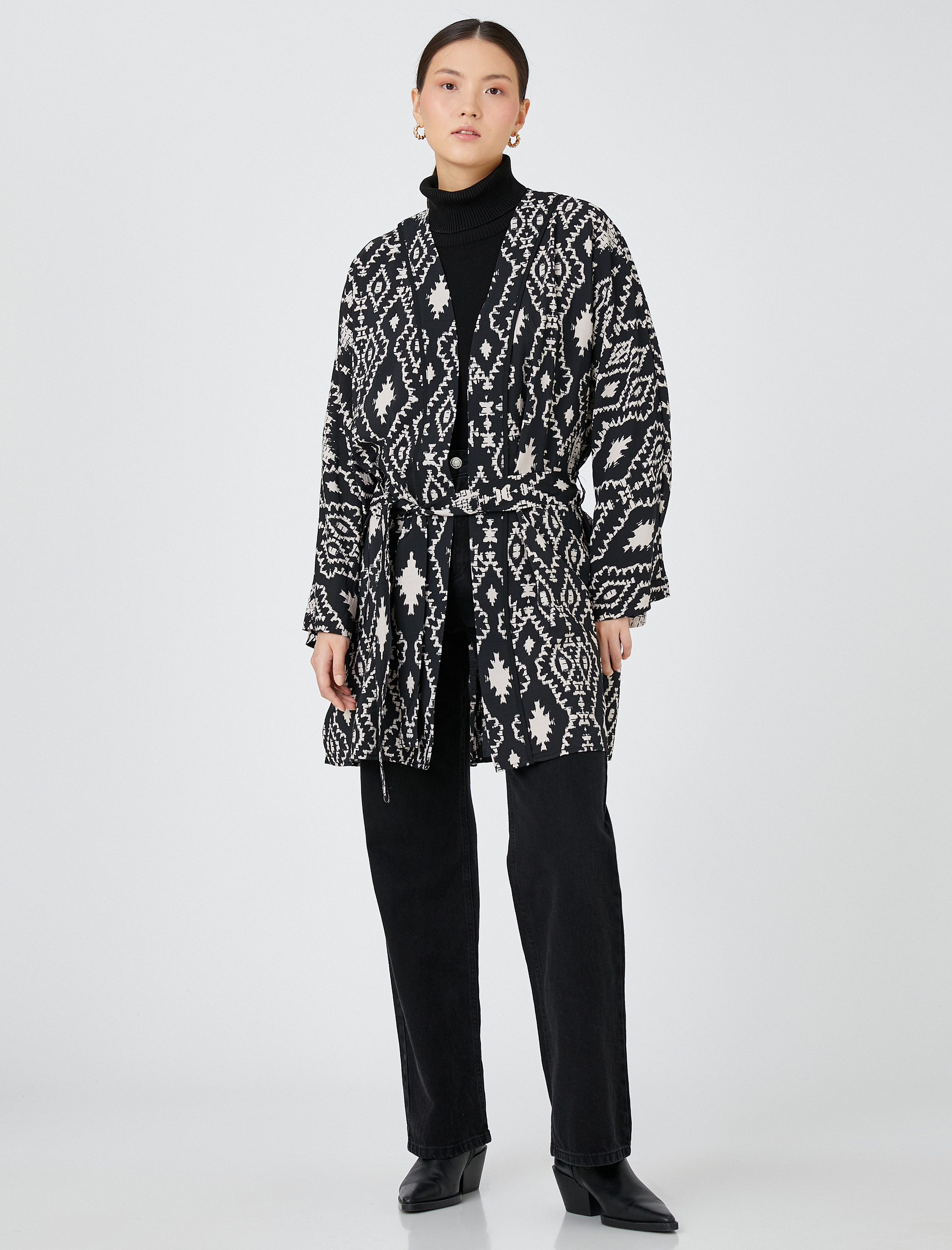   Etnik Desenli Kimono Kuşaklı Midi Boy