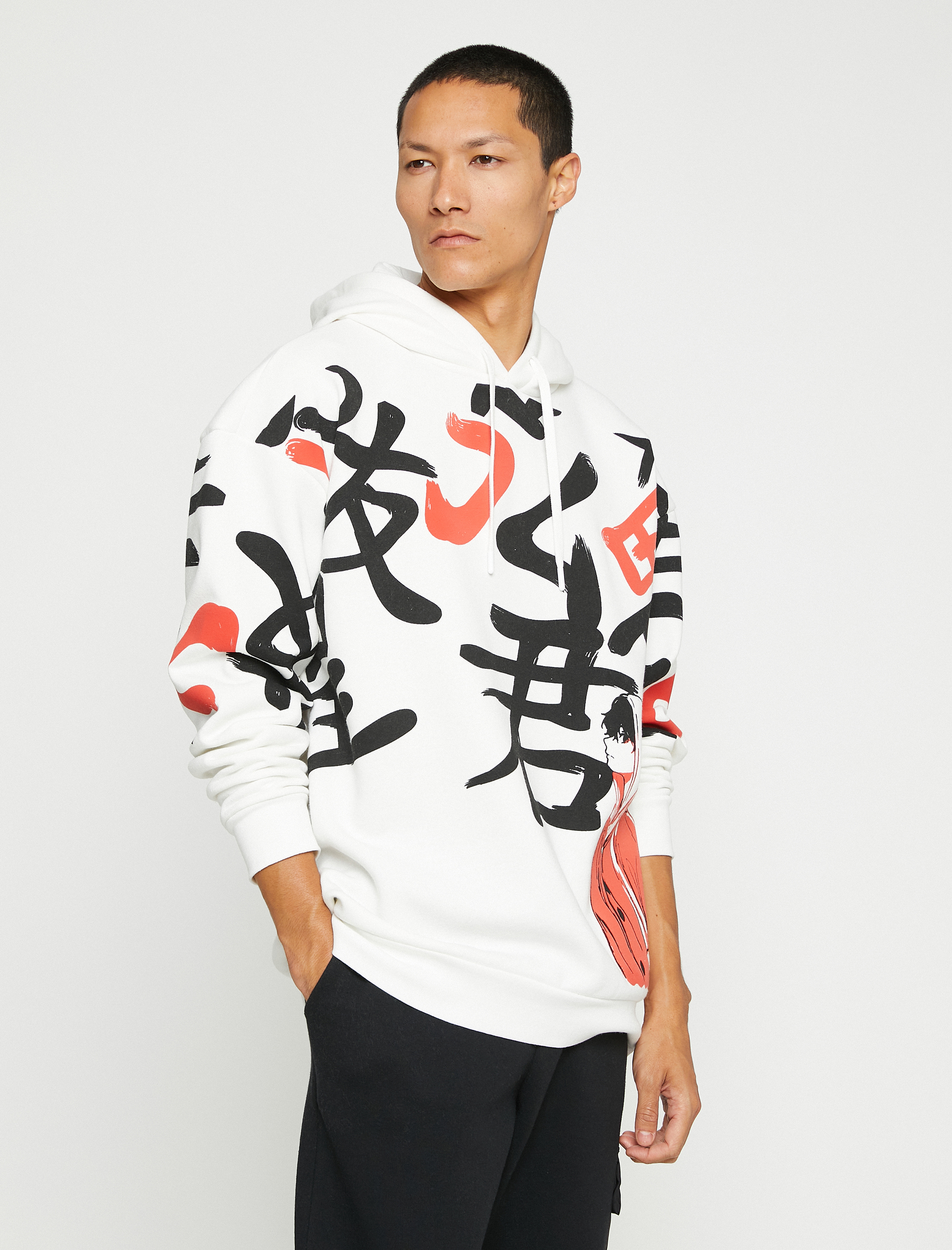   Basic Kapşonlu Oversize Sweatshirt Şardonlu Uzakdoğu Baskılı