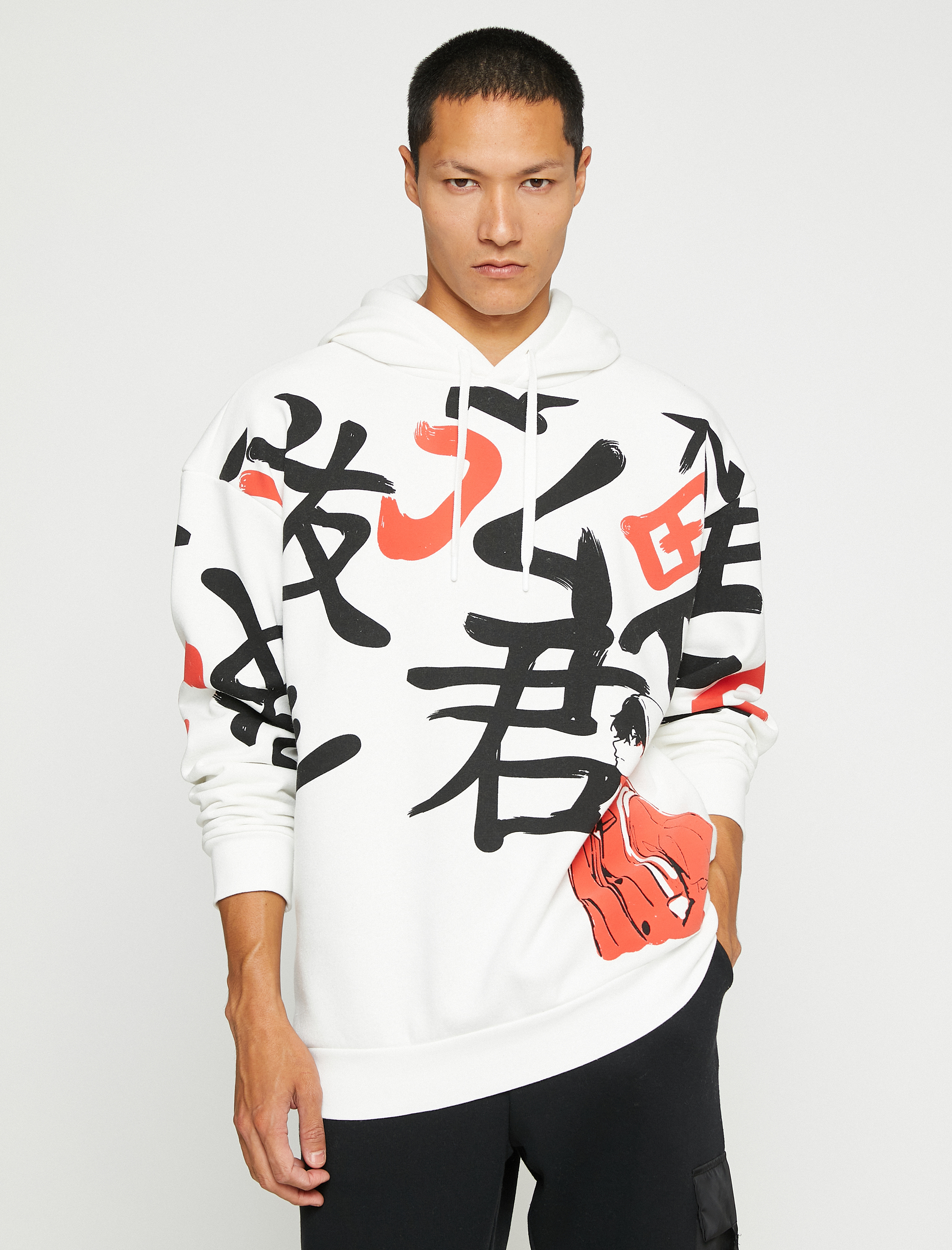   Basic Kapşonlu Oversize Sweatshirt Şardonlu Uzakdoğu Baskılı