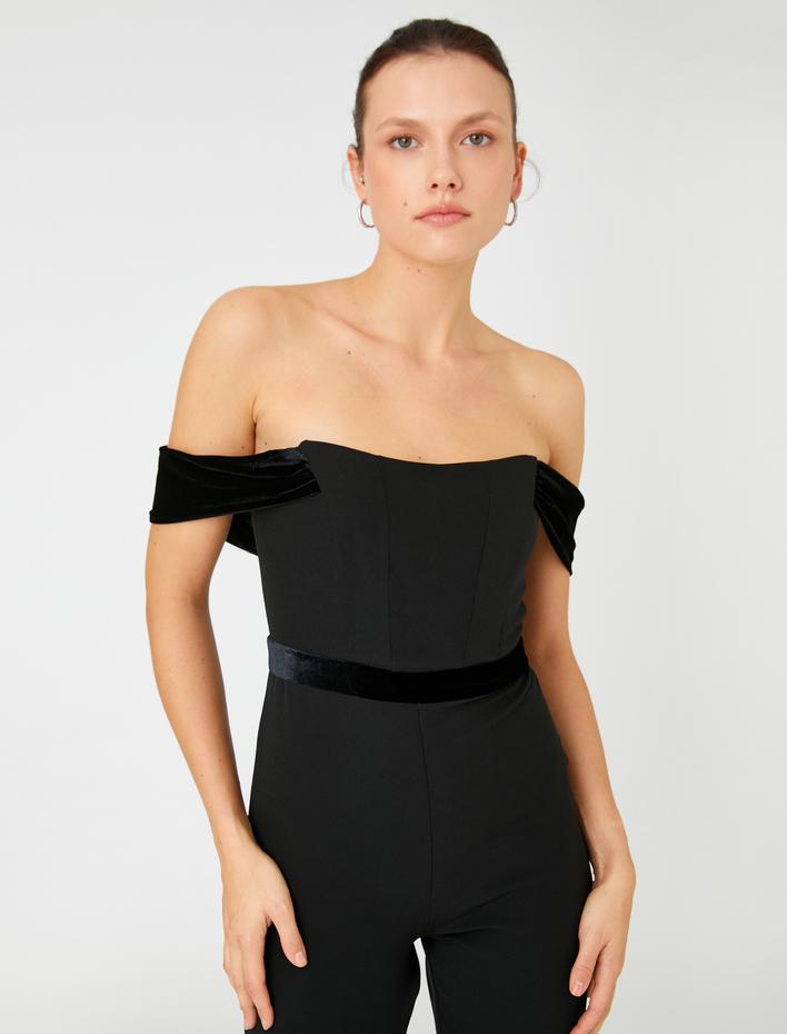  Straplez Abiye Tulum Bol Paça Kadife Detaylı