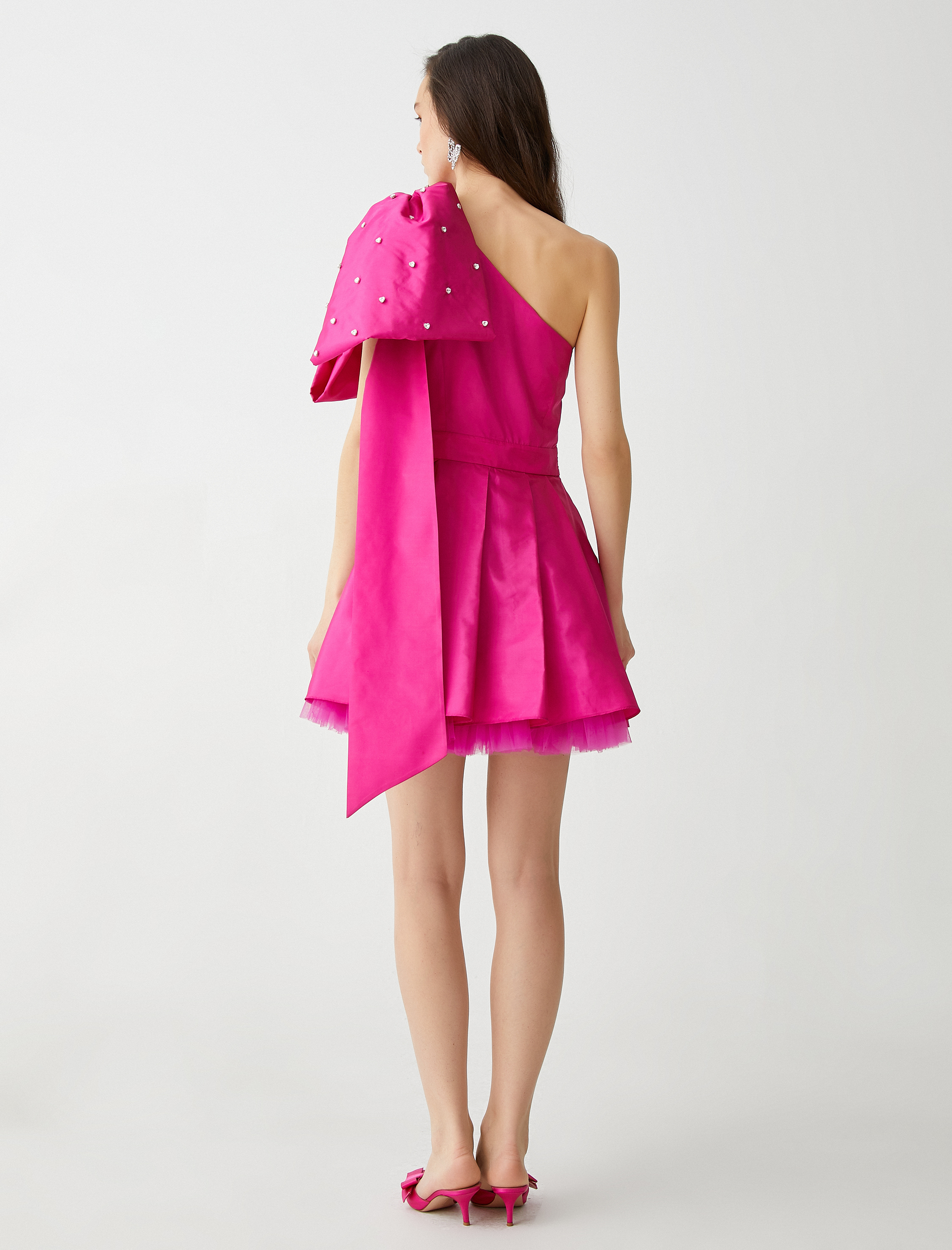   Tek Omuz Fiyonklu Saten Mini Abiye Elbise