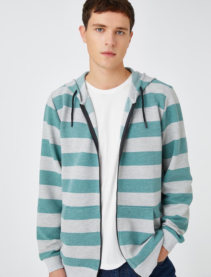  Basic Kapşonlu Sweatshirt Fermuarlı Cep Detaylı