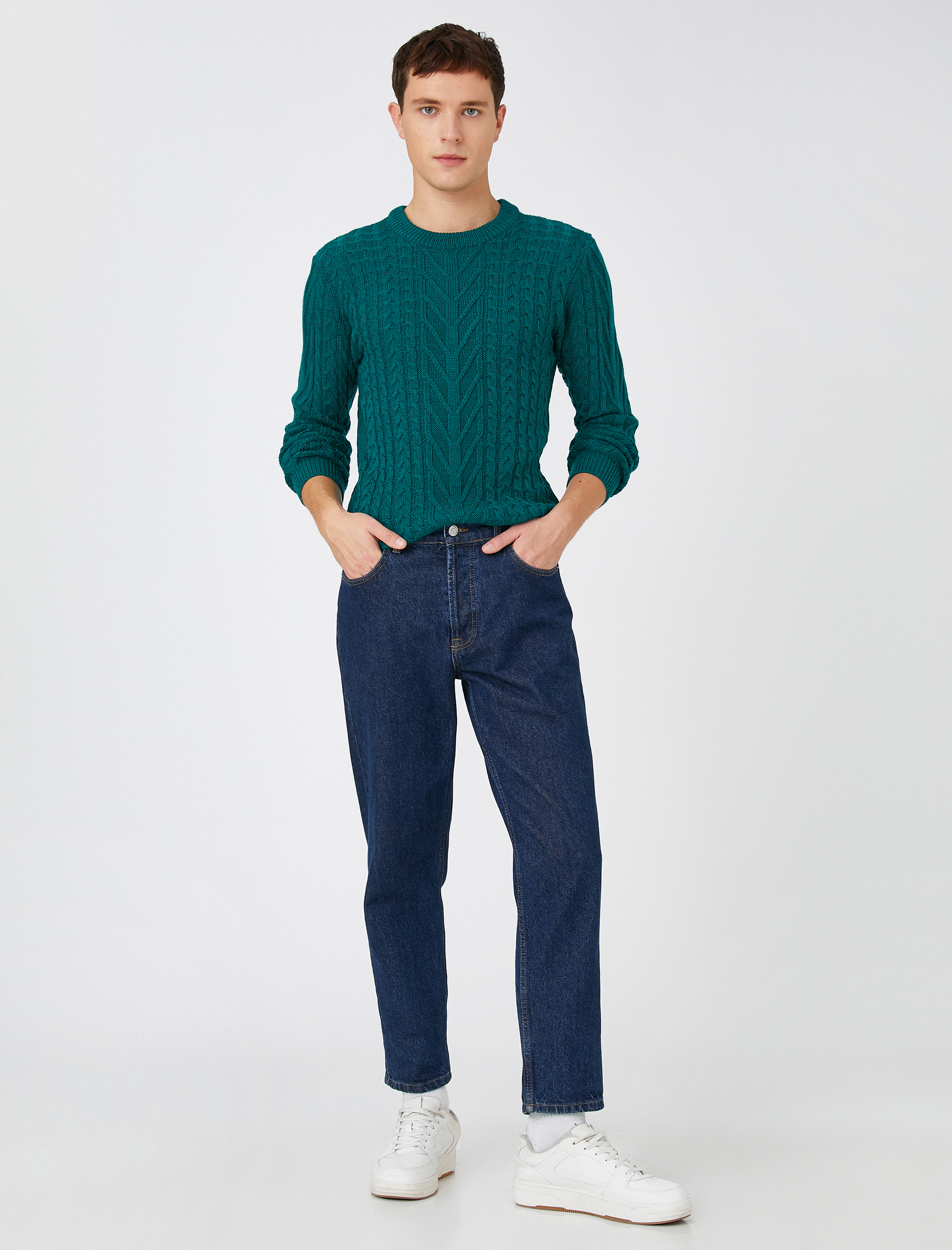   Basic Triko Kazak Saç Örgülü Bisiklet Yaka